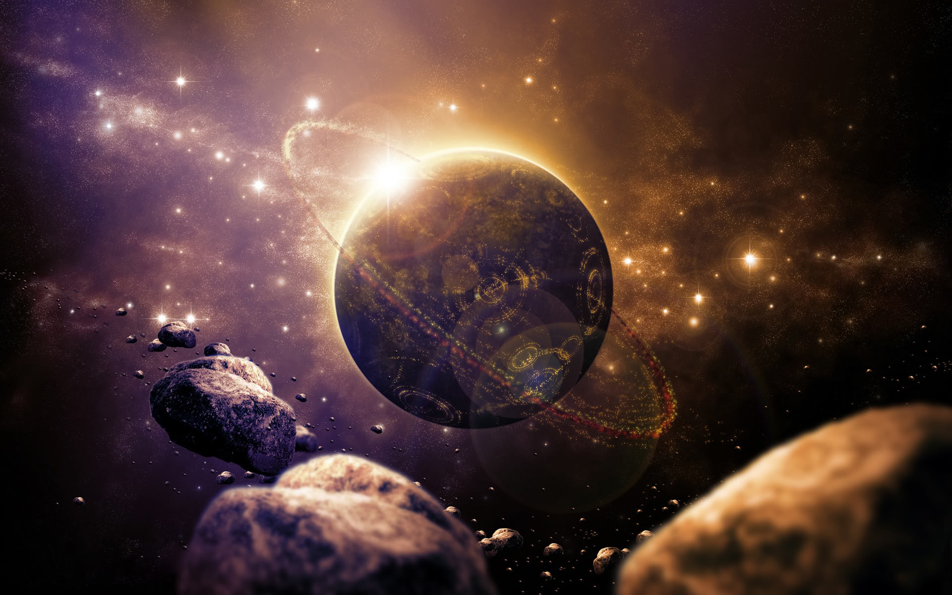 Pianeta, Asteroidi, Stella, Oro, Full HD, wallpaper desktop