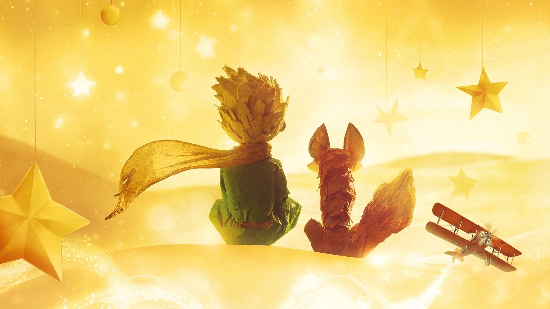 Il Piccolo Principe, Volpe, Aviatore, Biplano, Stelle dorate, Sciarpa gialla, sfondo 1080p