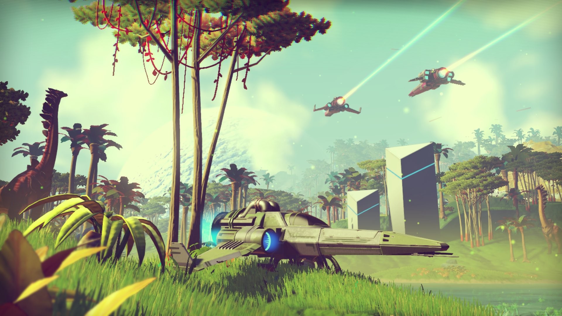 No Man's Sky, Astronavi, Foresta aliena, Monolite, Full HD, sfondo per PC e portatile