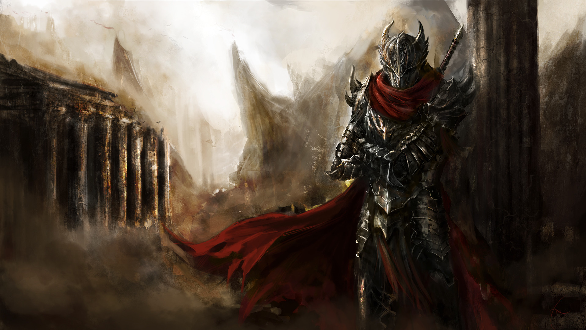 Cavaliere oscuro, Mantello rosso, Rovine, 1920x1080, wallpaper desktop