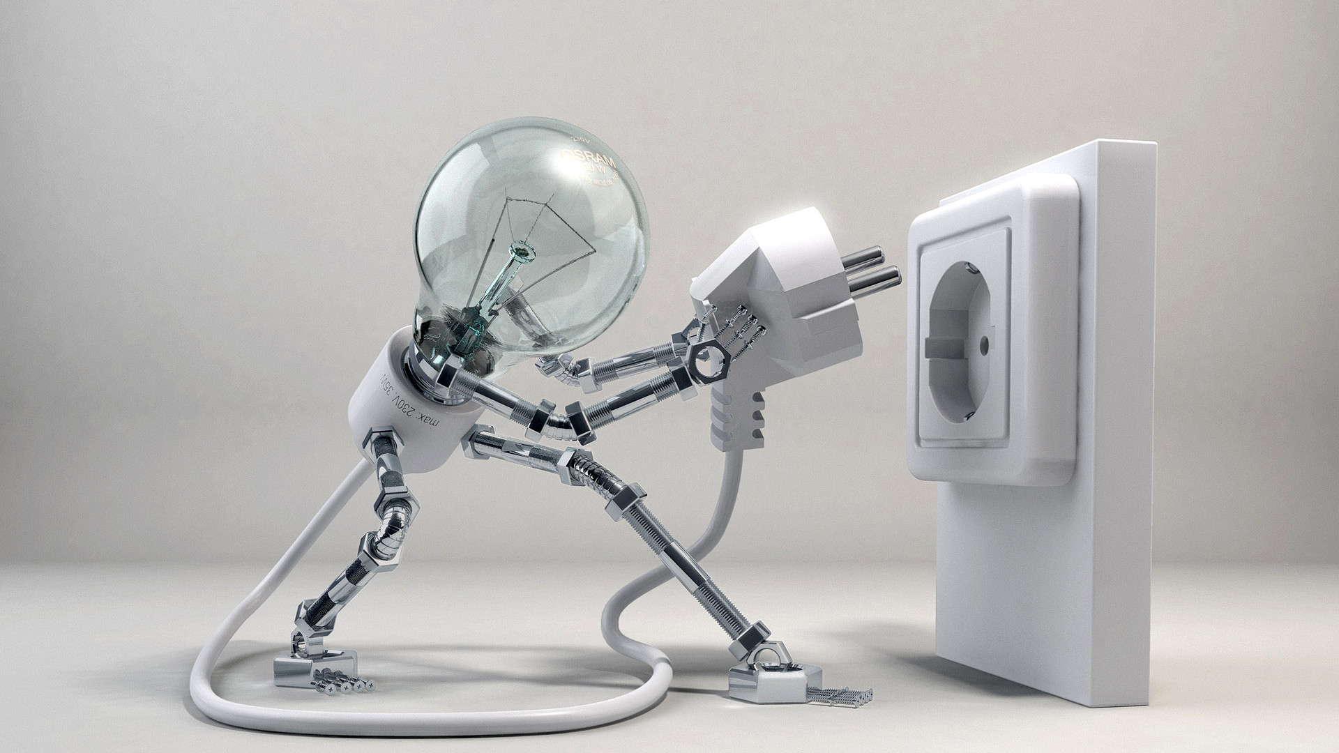 Lampadina, Robot, Presa elettrica, Rendering 3D, 1920x1080, immagine di sfondo