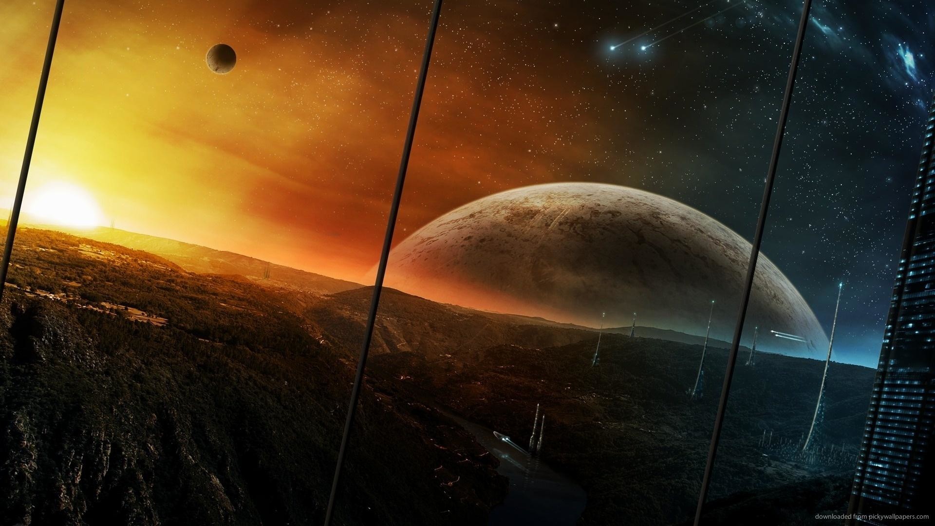 Pianeta, Spazio, Alba, Fantascienza, Arancione, 16:9 Full HD, sfondo widescreen