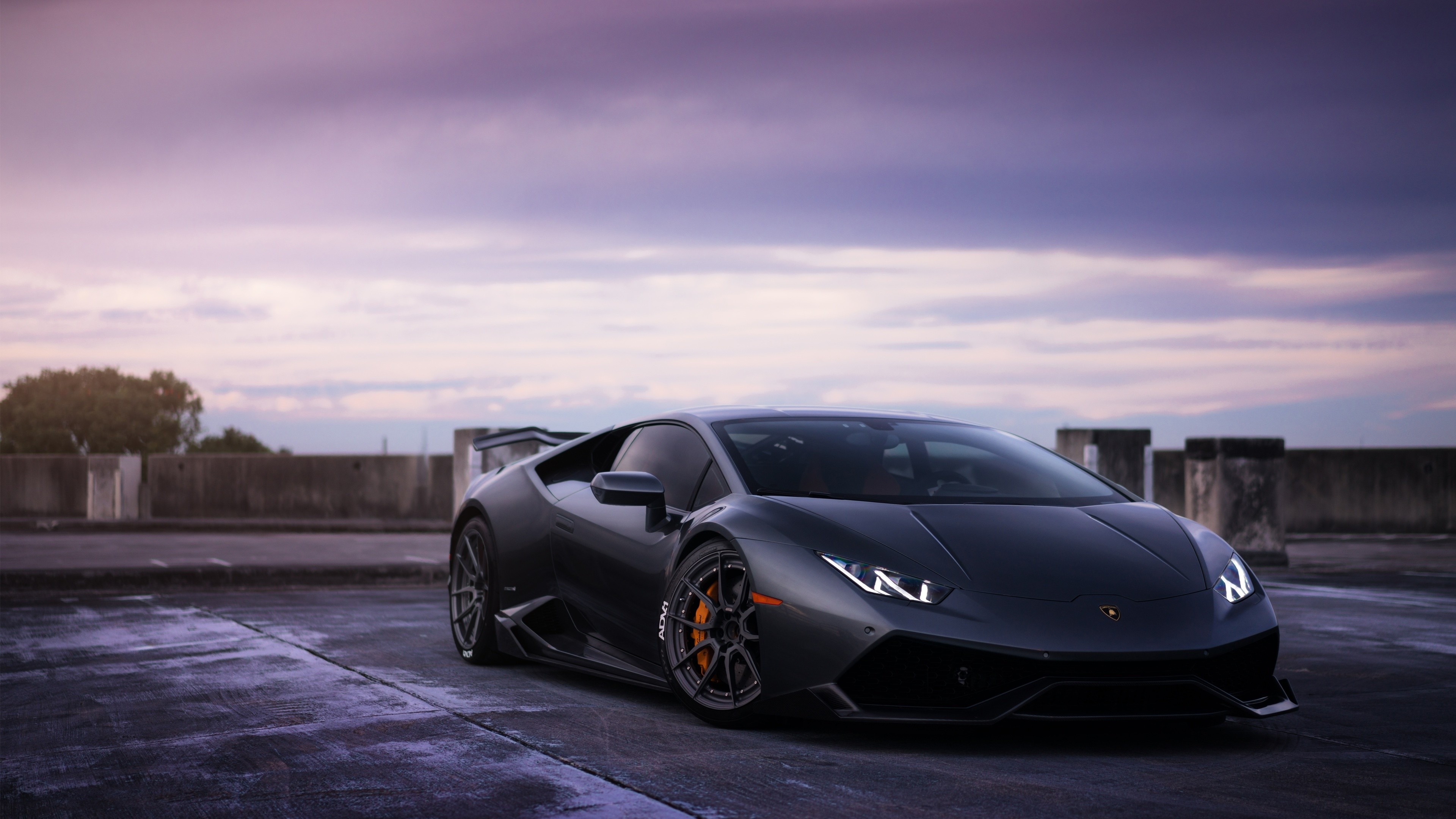 Lamborghini Huracán LP 610-4, Supercar, Nero opaco, Cielo viola, sfondo desktop 3840x2160