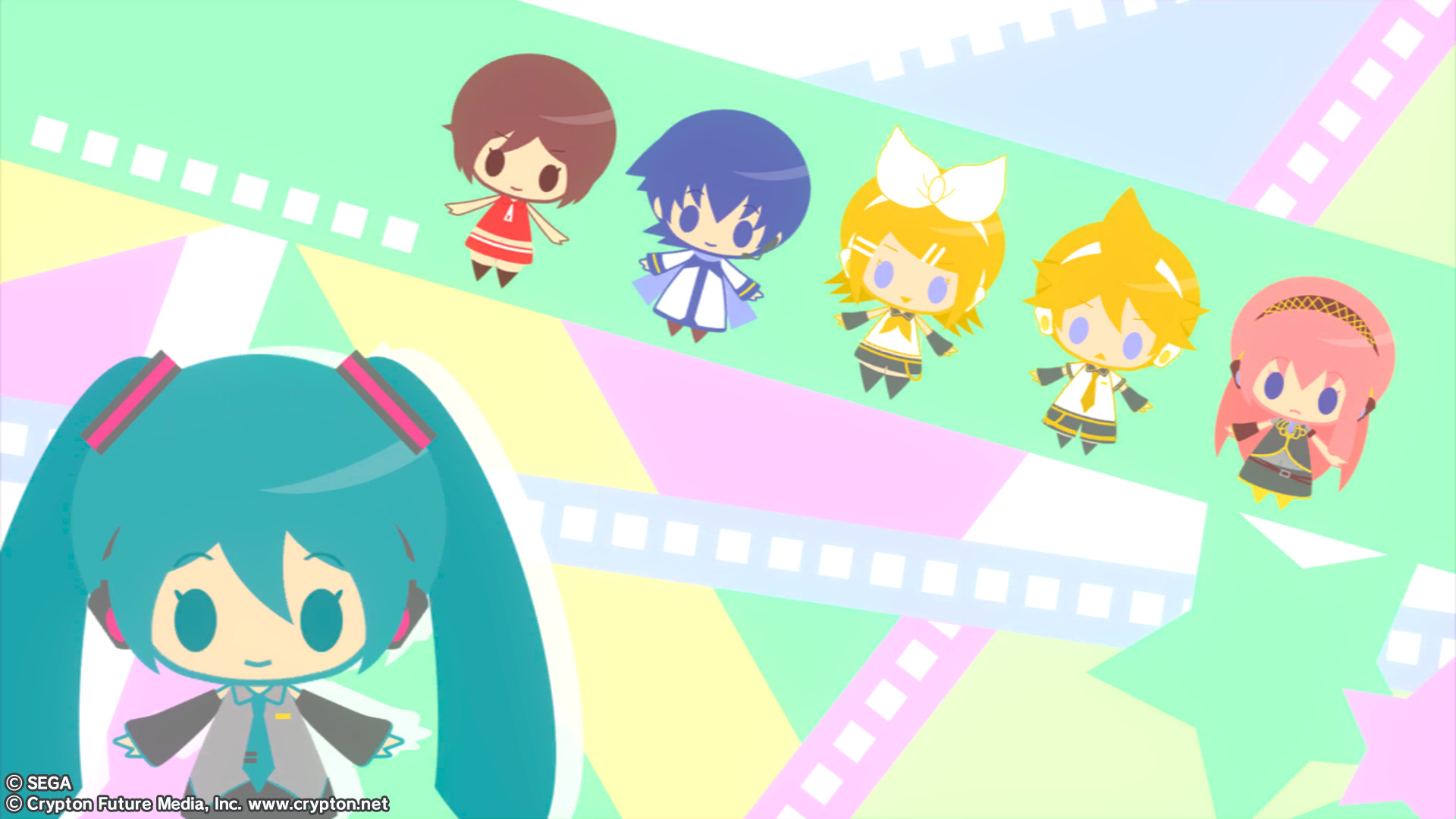 Hatsune Miku, Kagamine Rin, Kagamine Len, Kaito, Meiko, Vocaloid, Chibi, sfondo Windows 11