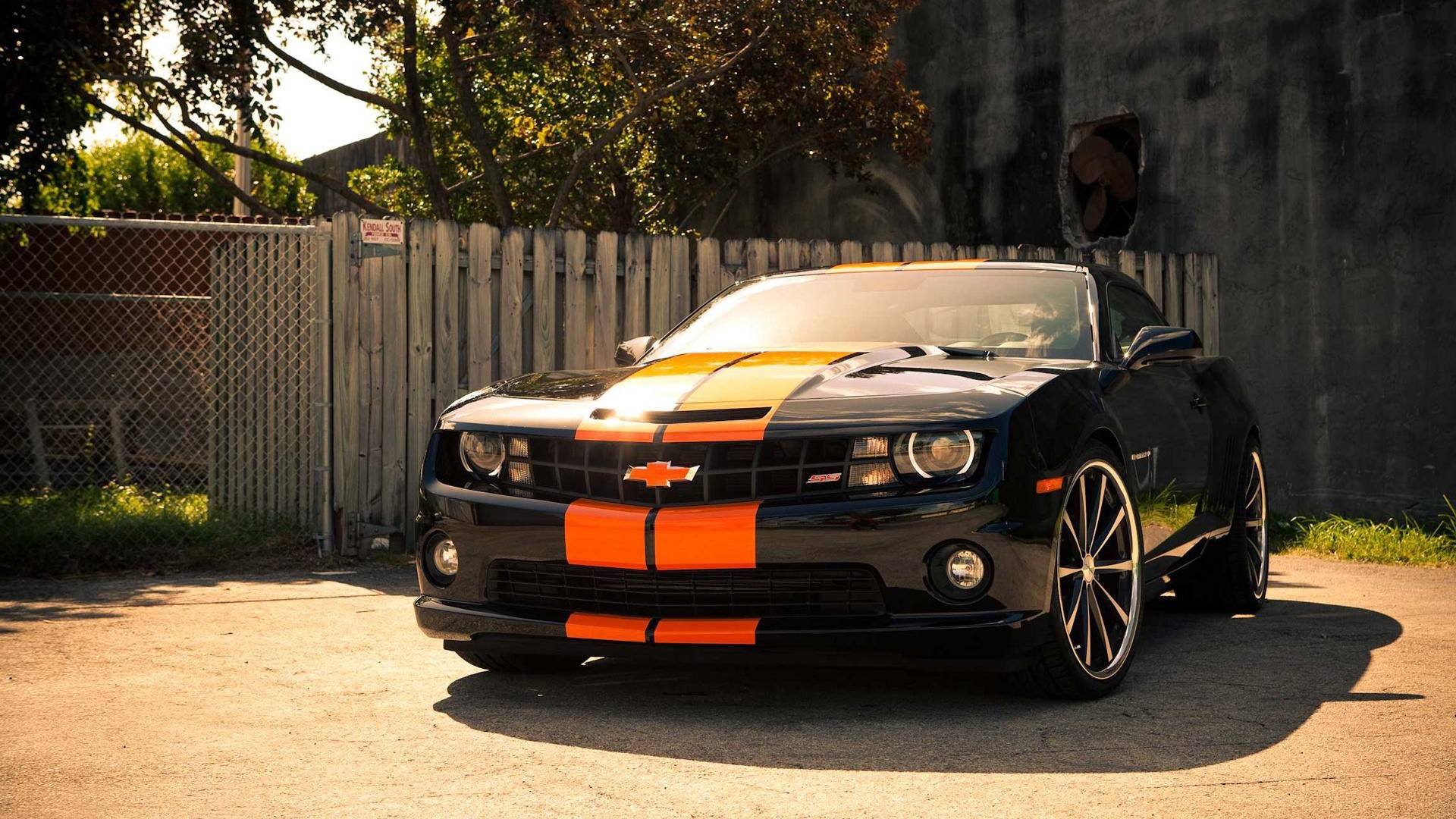 Chevrolet Camaro, Strisce arancioni, Muscle car, Nero, Full HD, sfondo desktop