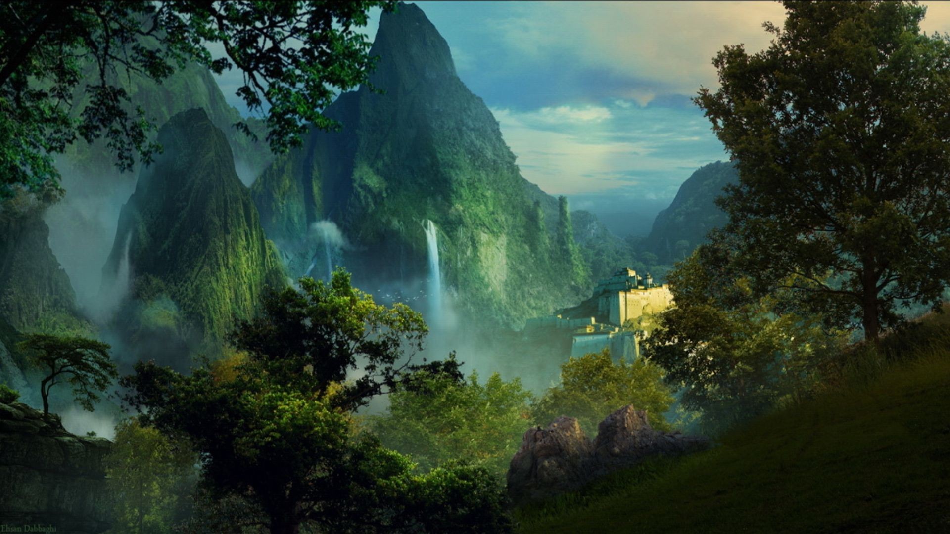 Valle fantasy, Cascata, Montagne verdi, Arte digitale, sfondo desktop