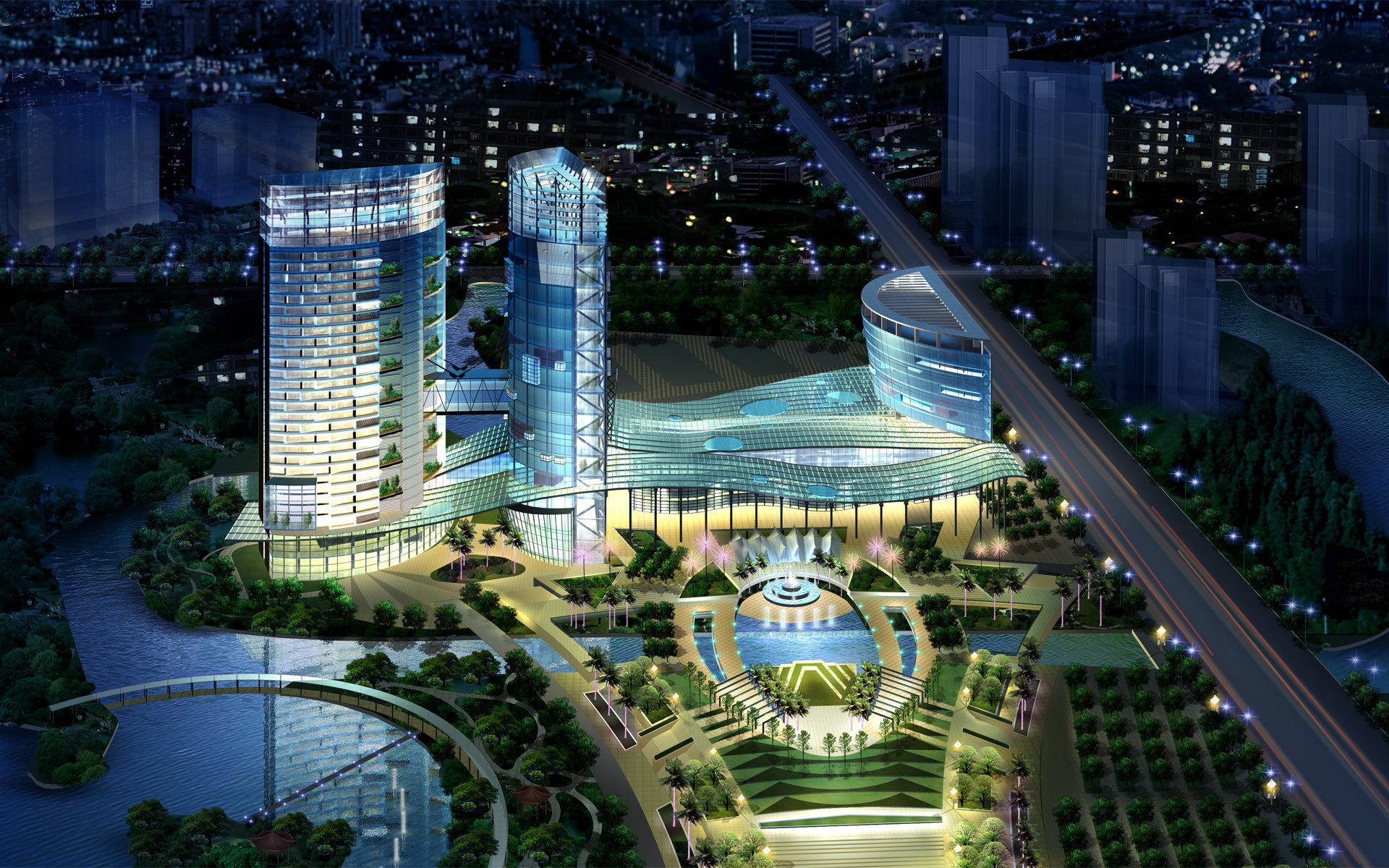 Rendering architettonico, Grattacieli, Notte, Città, 1920x1200, sfondo MacBook Pro
