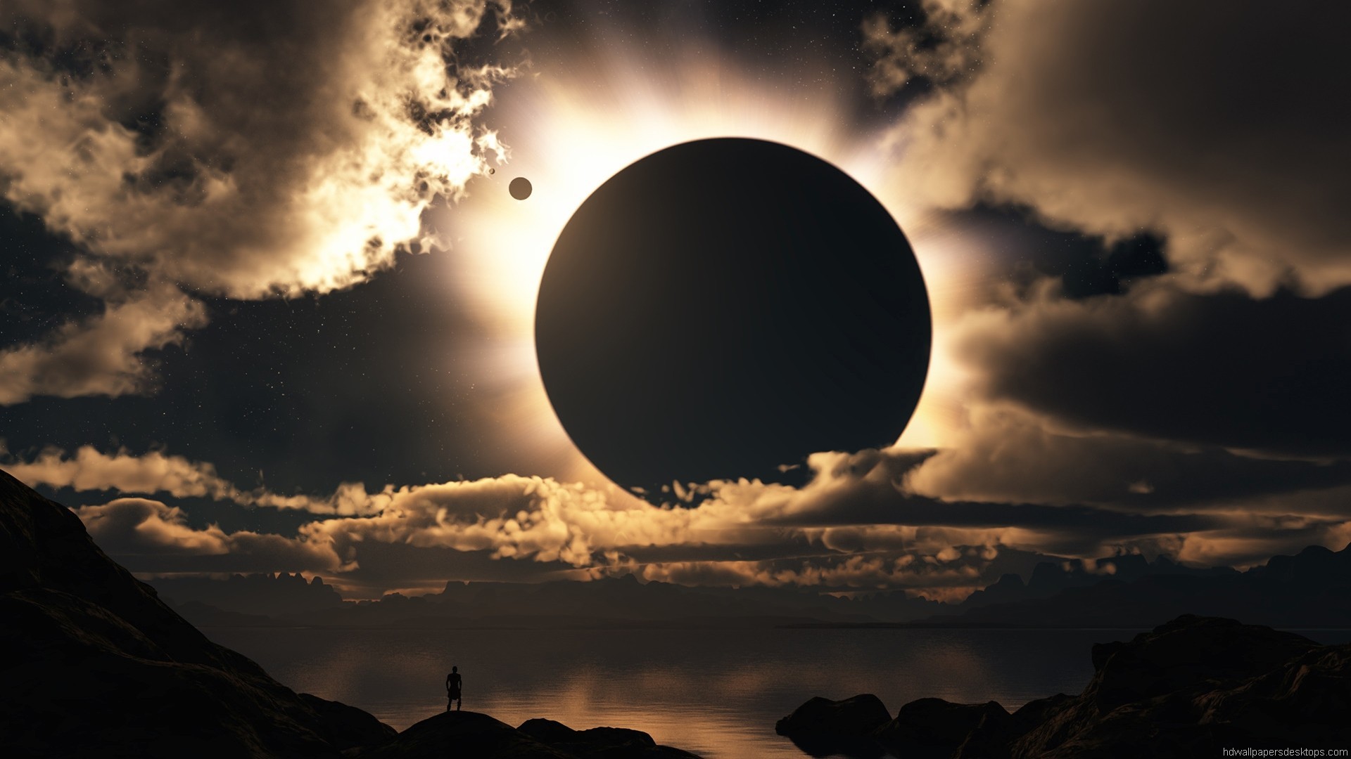 Eclissi solare, Nuvole, Silhouette, Arte digitale, Full HD, sfondo per portatile