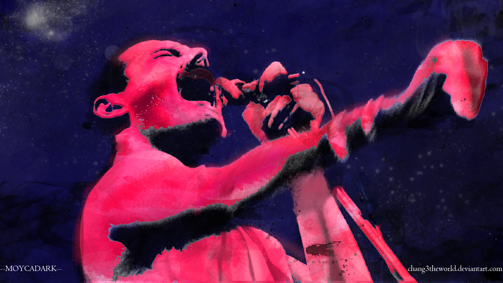 Freddie Mercury, Queen, Pittura digitale, Rosa, Blu, 16:9 Full HD, sfondo widescreen