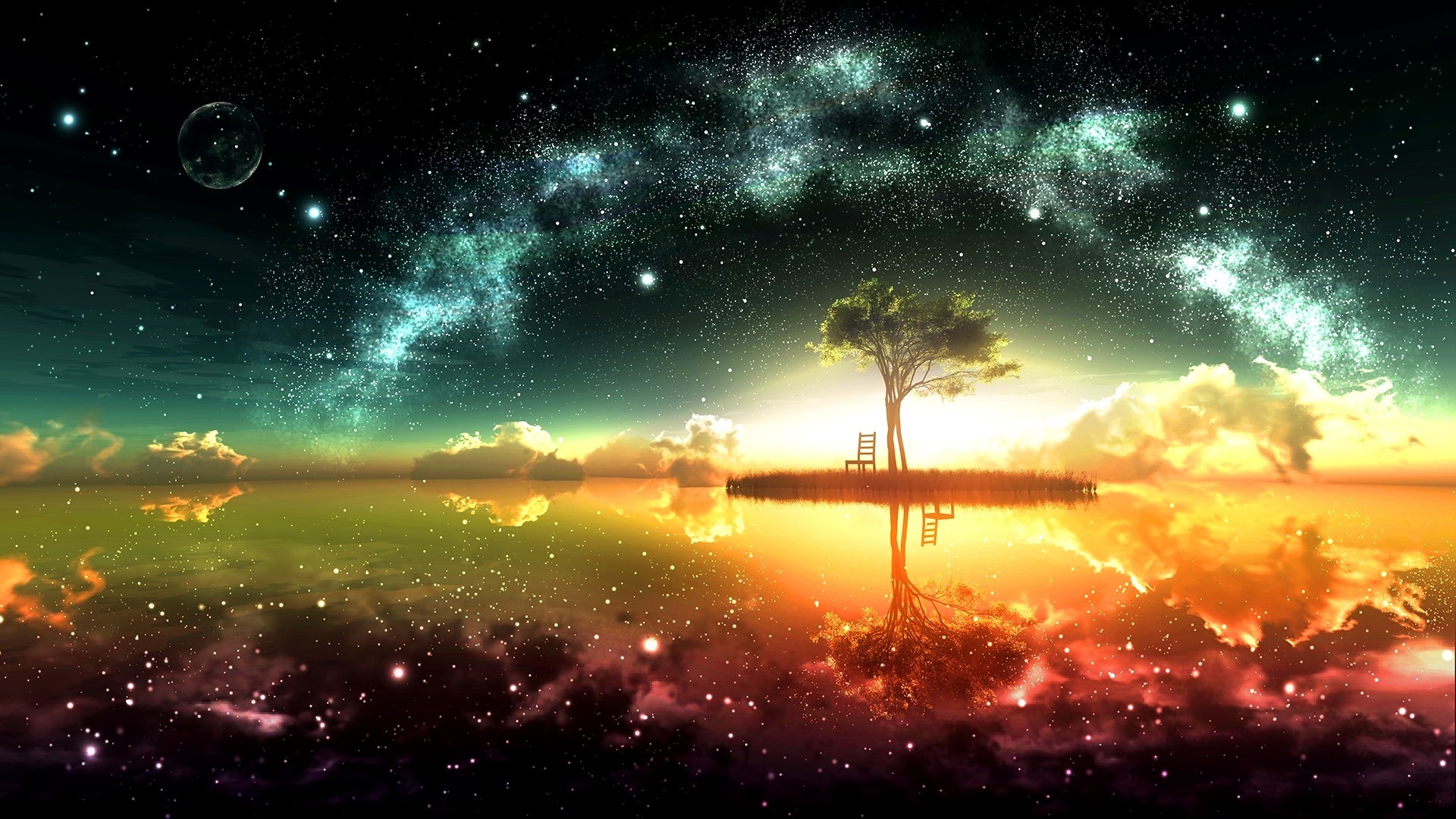 Albero, Via Lattea, Riflesso, Fantasia, Arte digitale, Full HD, sfondo Windows 11