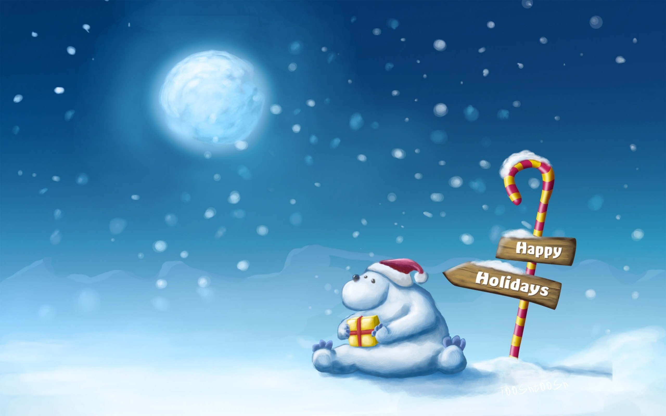 Happy Holidays, Orso polare, Bastoncino di zucchero, Luna, Neve, sfondo 2K per desktop