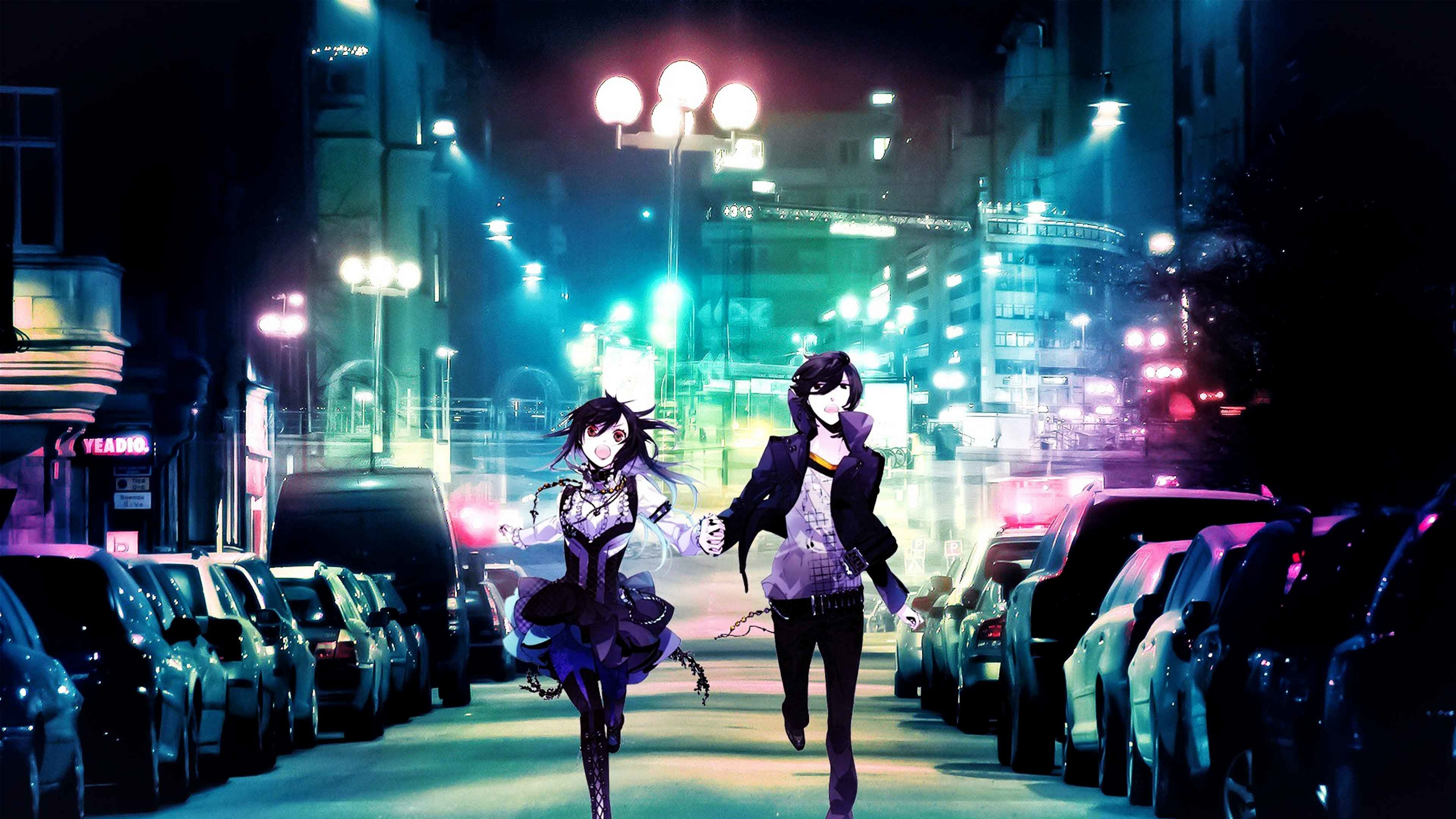 Anime, Ragazze anime, Strada notturna, Luci della città, 4K 2160p, sfondo desktop