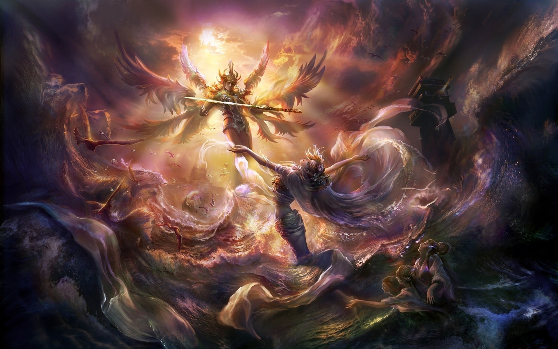 Battaglia, Angelo, Fantasy, Cielo, Full HD, wallpaper per PC