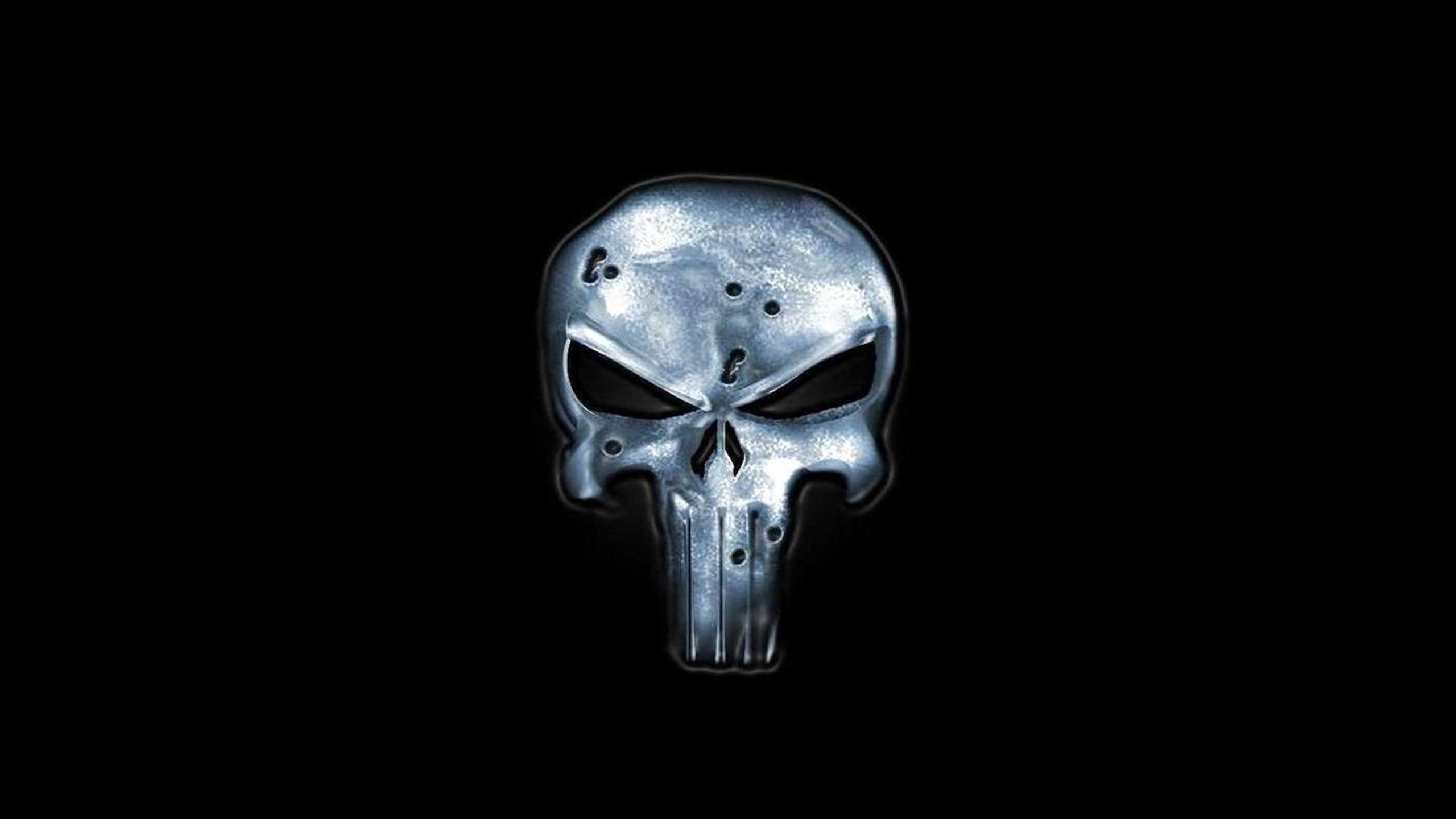 Teschio del Punitore, The Punisher, Metallo, Sfondo nero, 2560x1440, wallpaper desktop