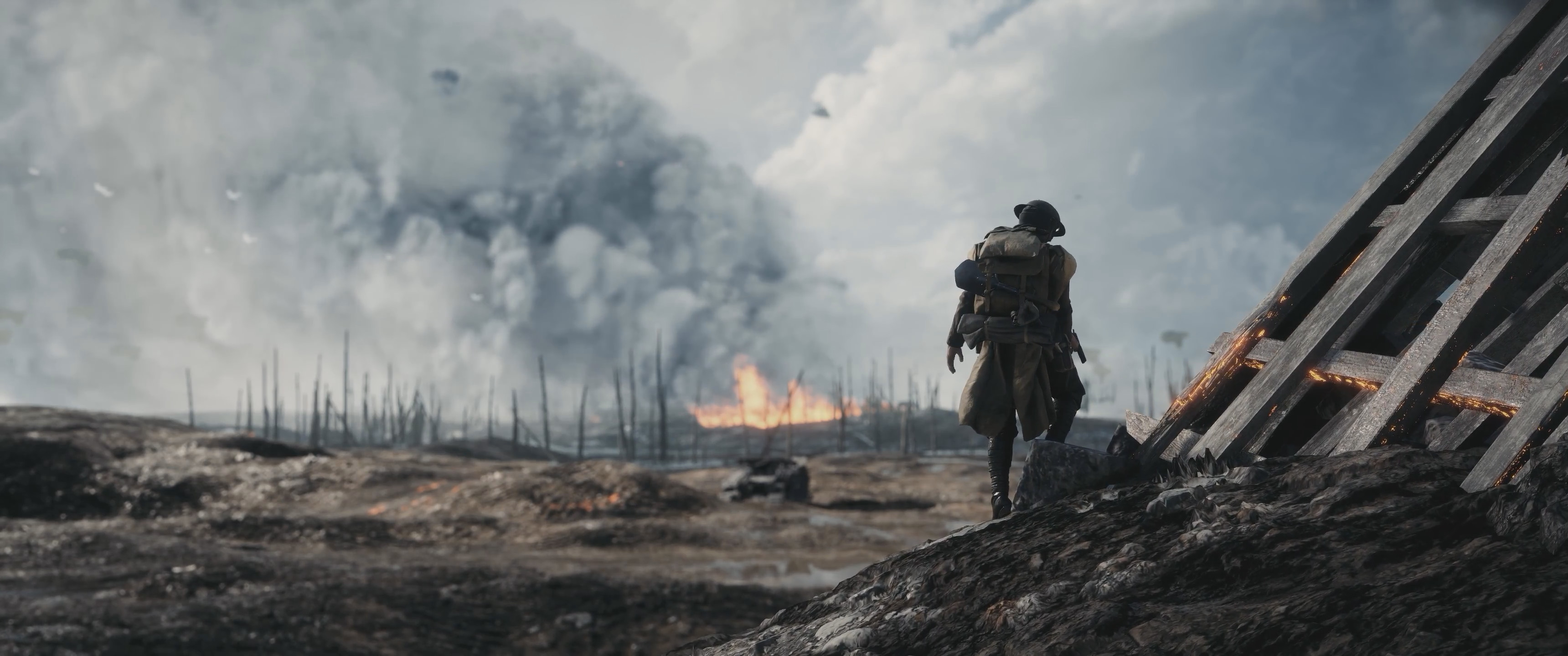Battlefield 1, Soldato, Campo di battaglia, Fumo, 3440x1440, immagine di sfondo