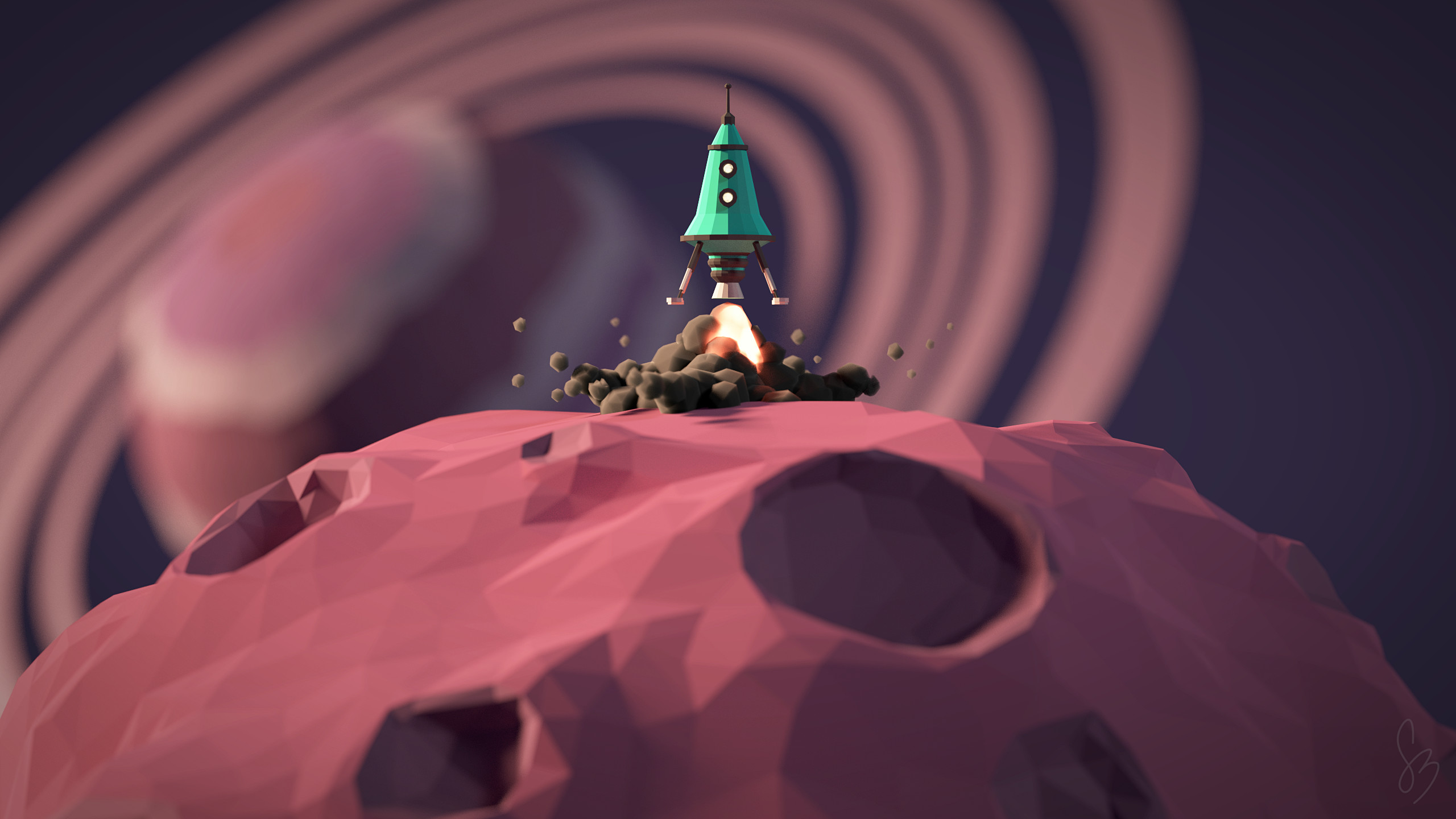 Low poly, Razzo, Pianeta, Crateri, Spazio, 2K, sfondo per PC
