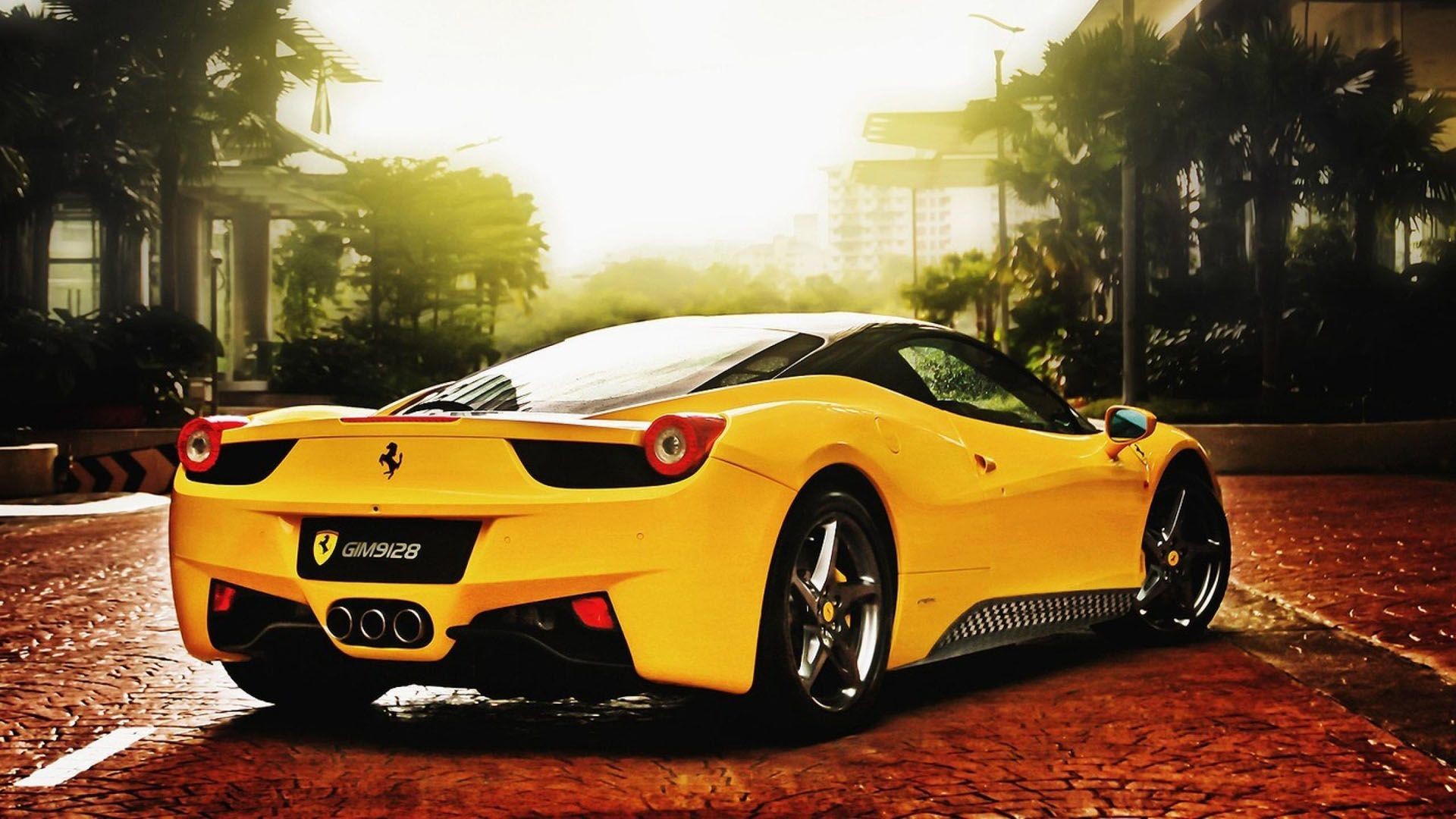 Ferrari 458 Italia, Giallo, Strada, Palme, Luce del sole, Full HD 1080p, sfondo desktop