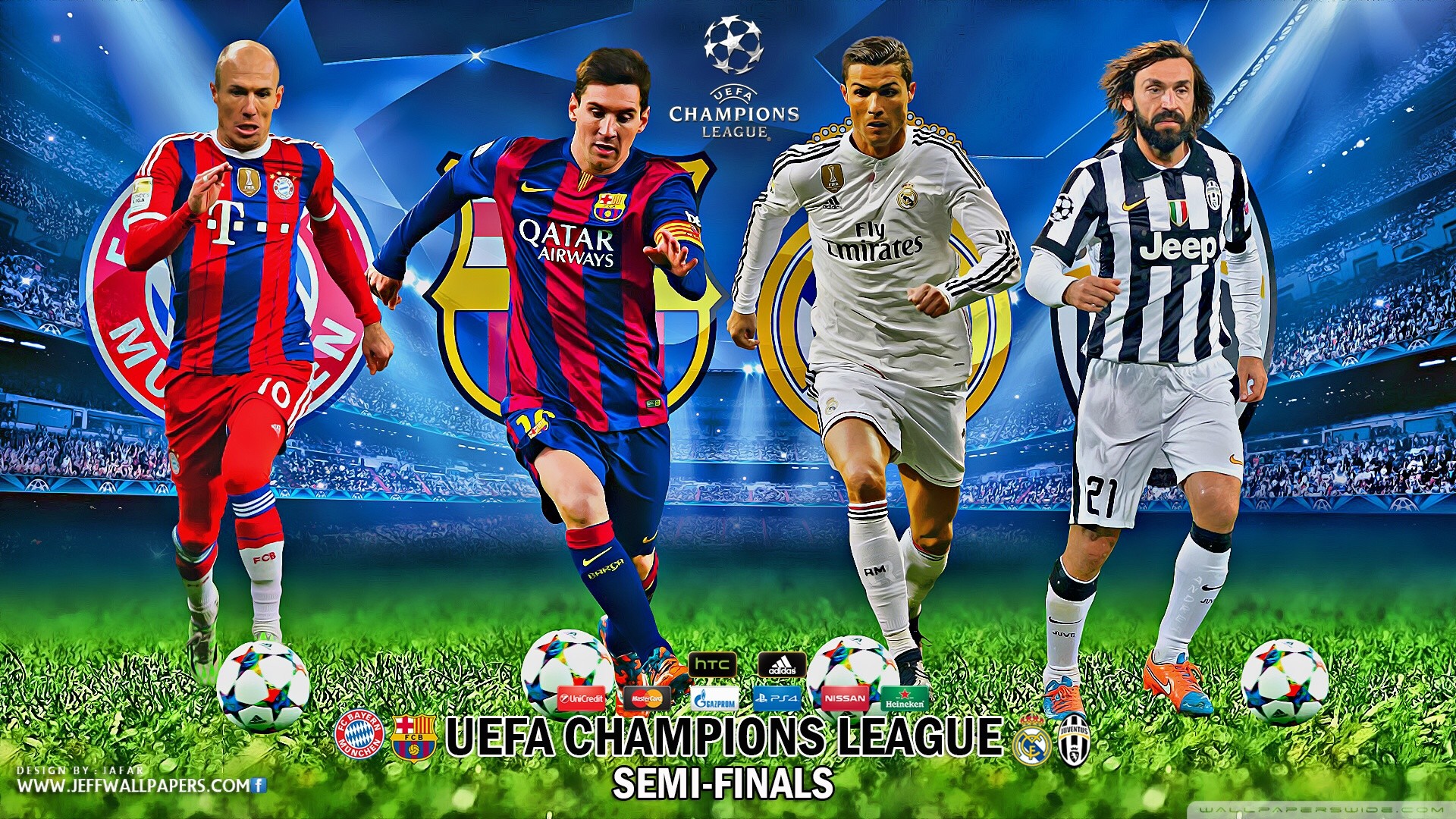 UEFA Champions League, Semifinali, Arjen Robben, Lionel Messi, Cristiano Ronaldo, Andrea Pirlo, sfondo 1080p