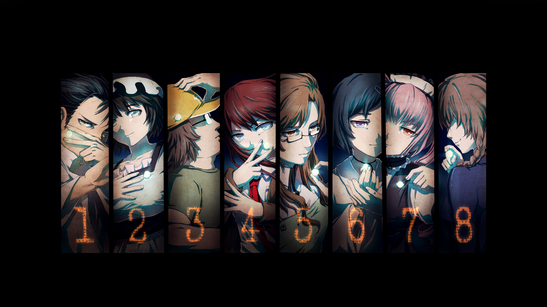 Steins;Gate, Laboratory Members, Tubi Nixie, Numeri, Sfondo nero, wallpaper 1920x1080