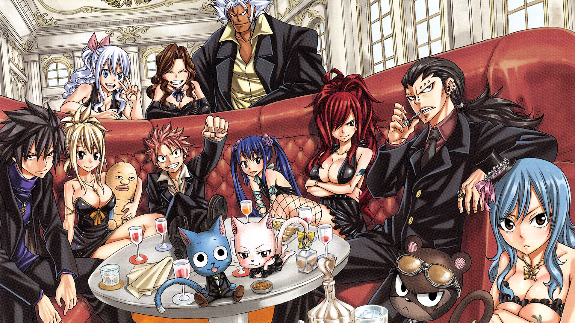 Fairy Tail, Natsu Dragneel, Erza Scarlet, Gajeel Redfox, Lucy Heartfilia, Happy, sfondo Full HD