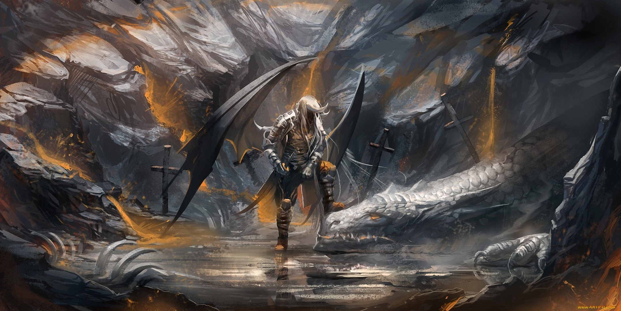 Guerriero alato, Spada, Caverna, Fantasy, Full HD, wallpaper desktop