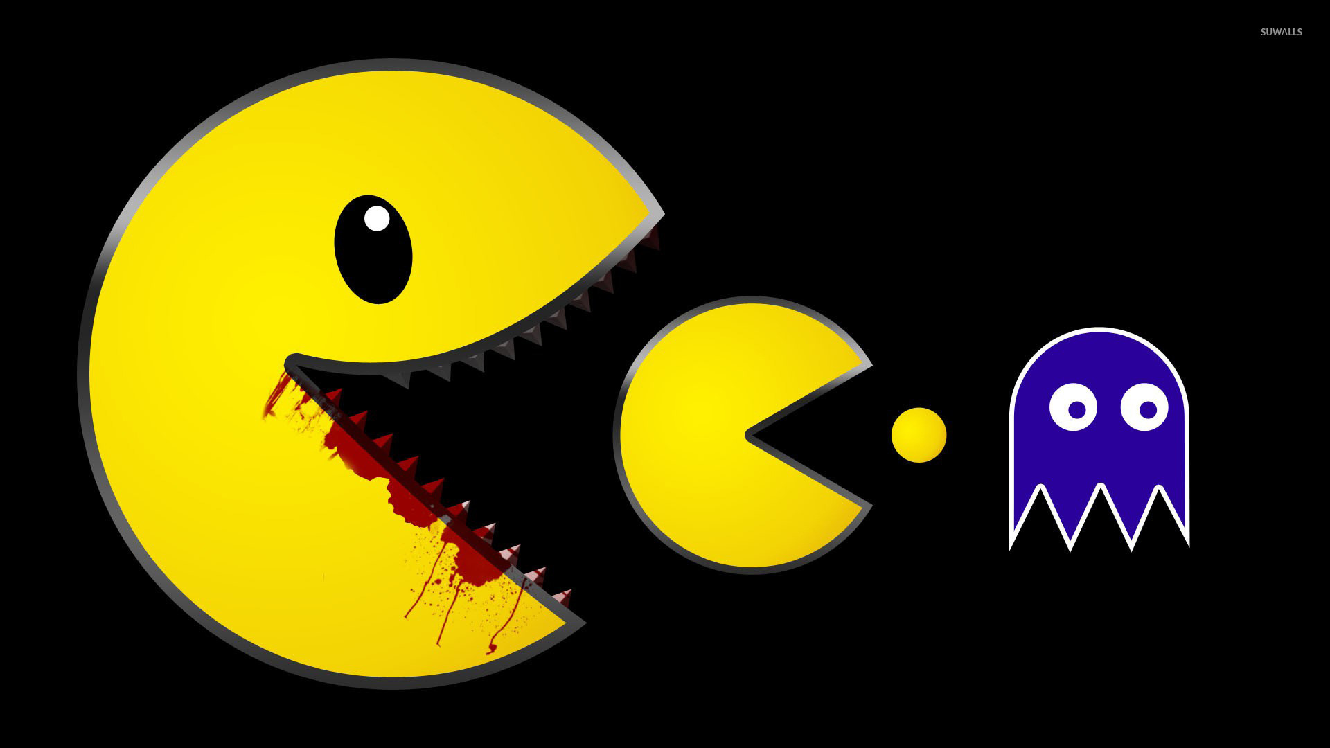 Pac-Man, Fantasma, Umorismo nero, Sfondo nero, Giallo, 16:9 Full HD, wallpaper widescreen