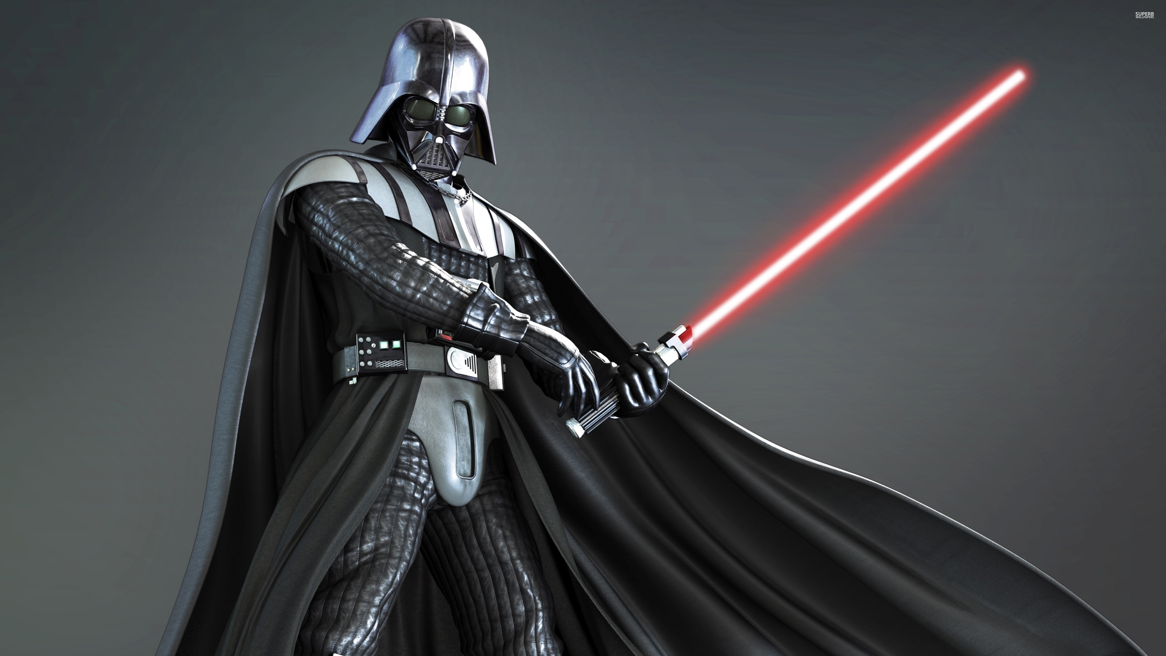 Darth Vader, Spada laser rossa, Mantello, Sfondo grigio, 3840x2160, wallpaper desktop