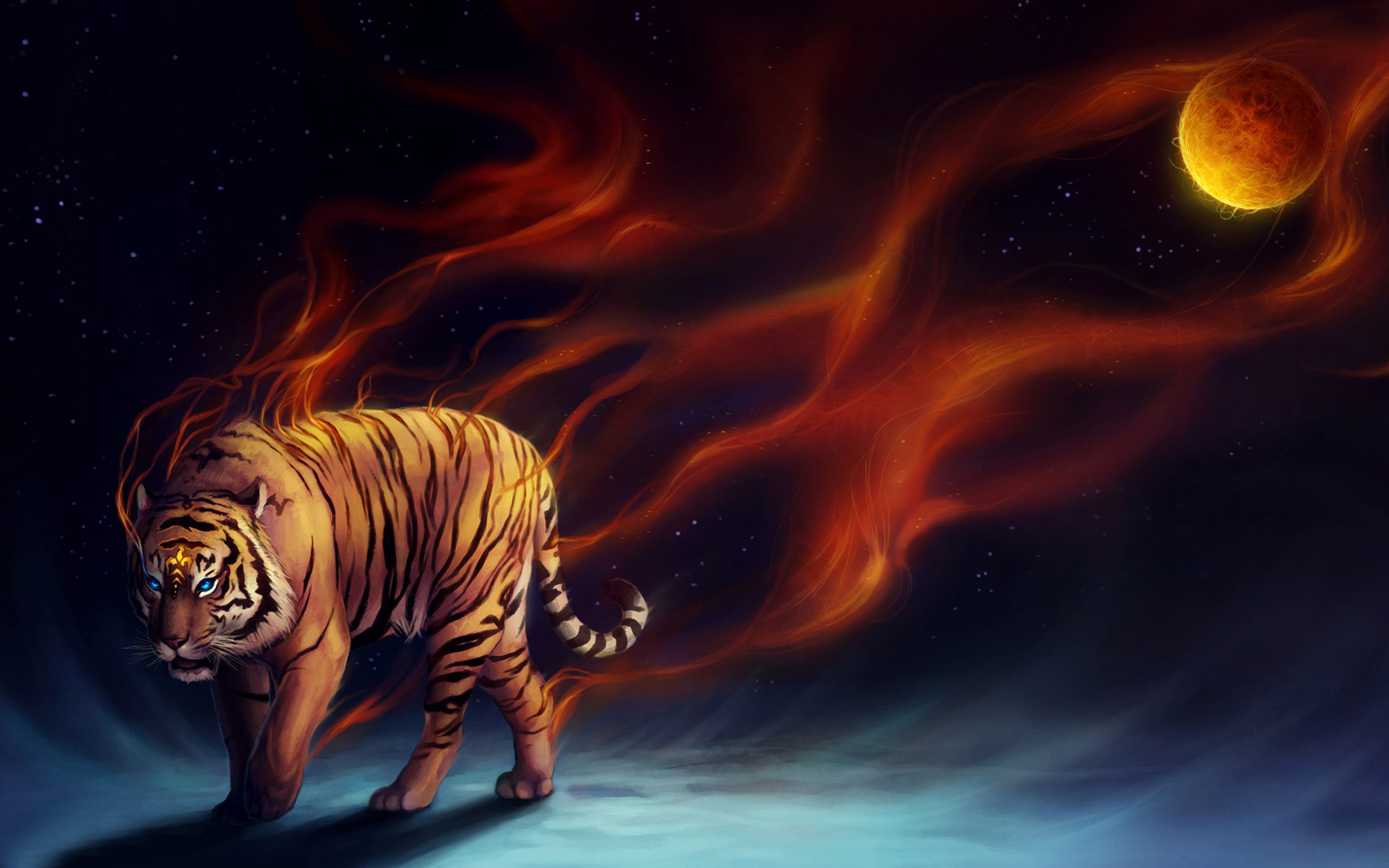 Tigre di fuoco, Fiamme, Luna, Arte fantasy, 16:10 Full HD, sfondo widescreen