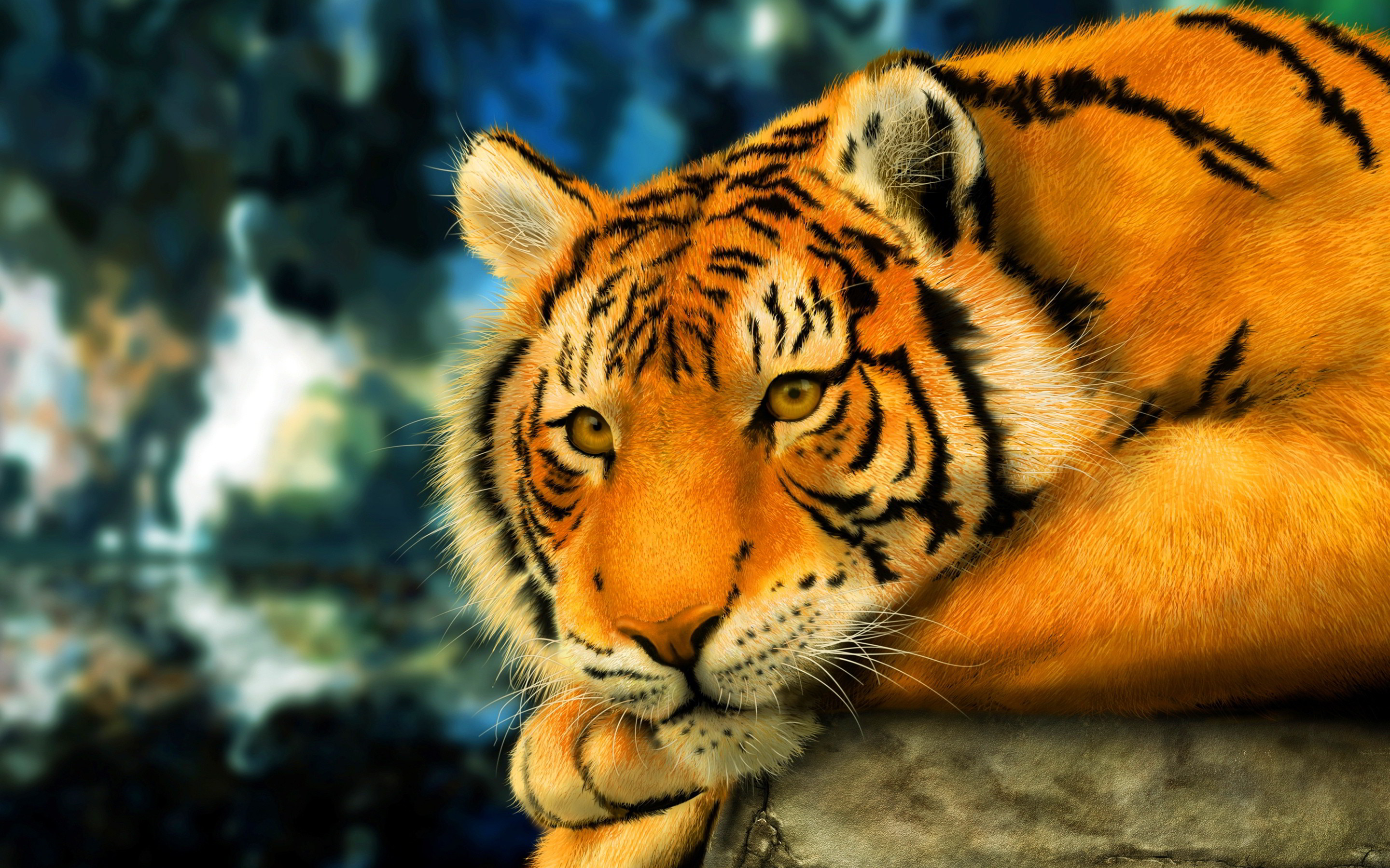 Tigre, Dipinto, Riposo, Arancione, 2K, sfondo per portatile
