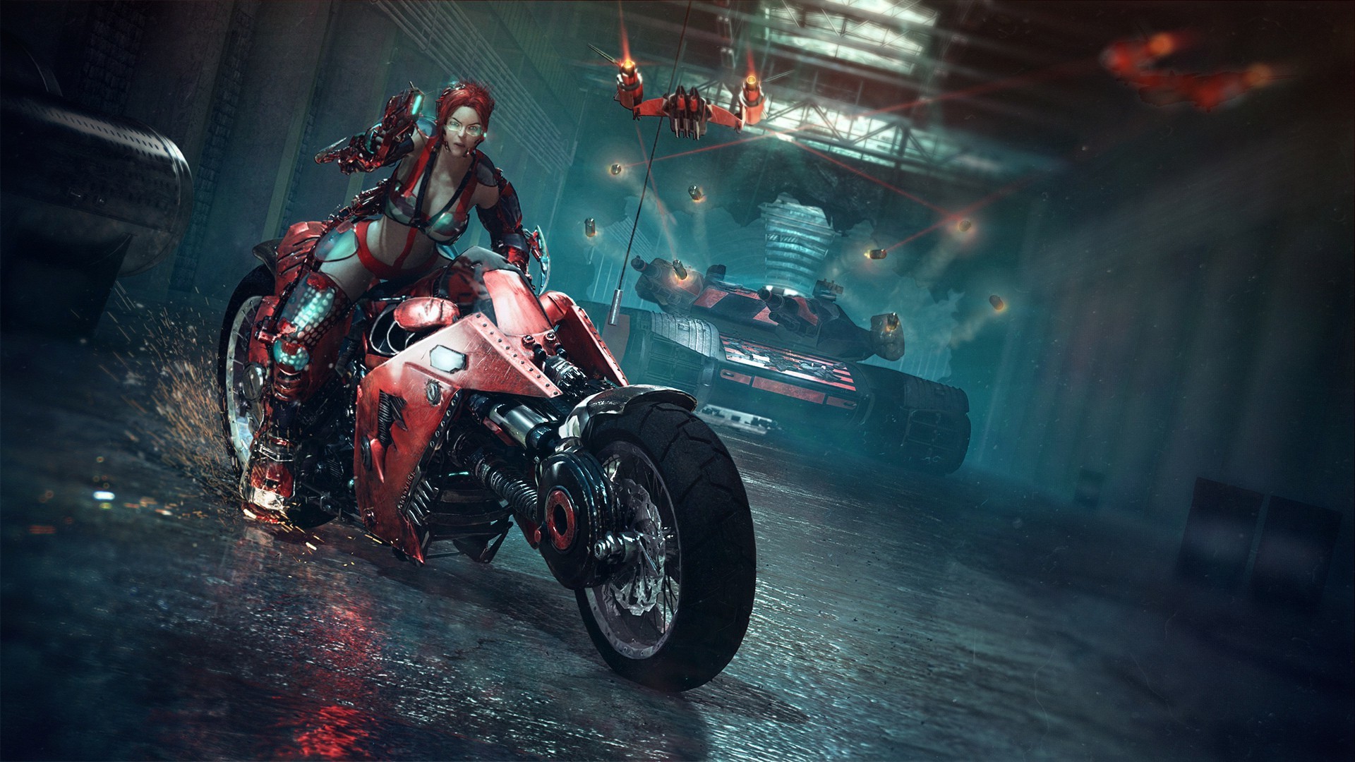 Ragazza cyberpunk, Moto futuristica, Capelli rossi, Garage, 16:9 Full HD, wallpaper widescreen