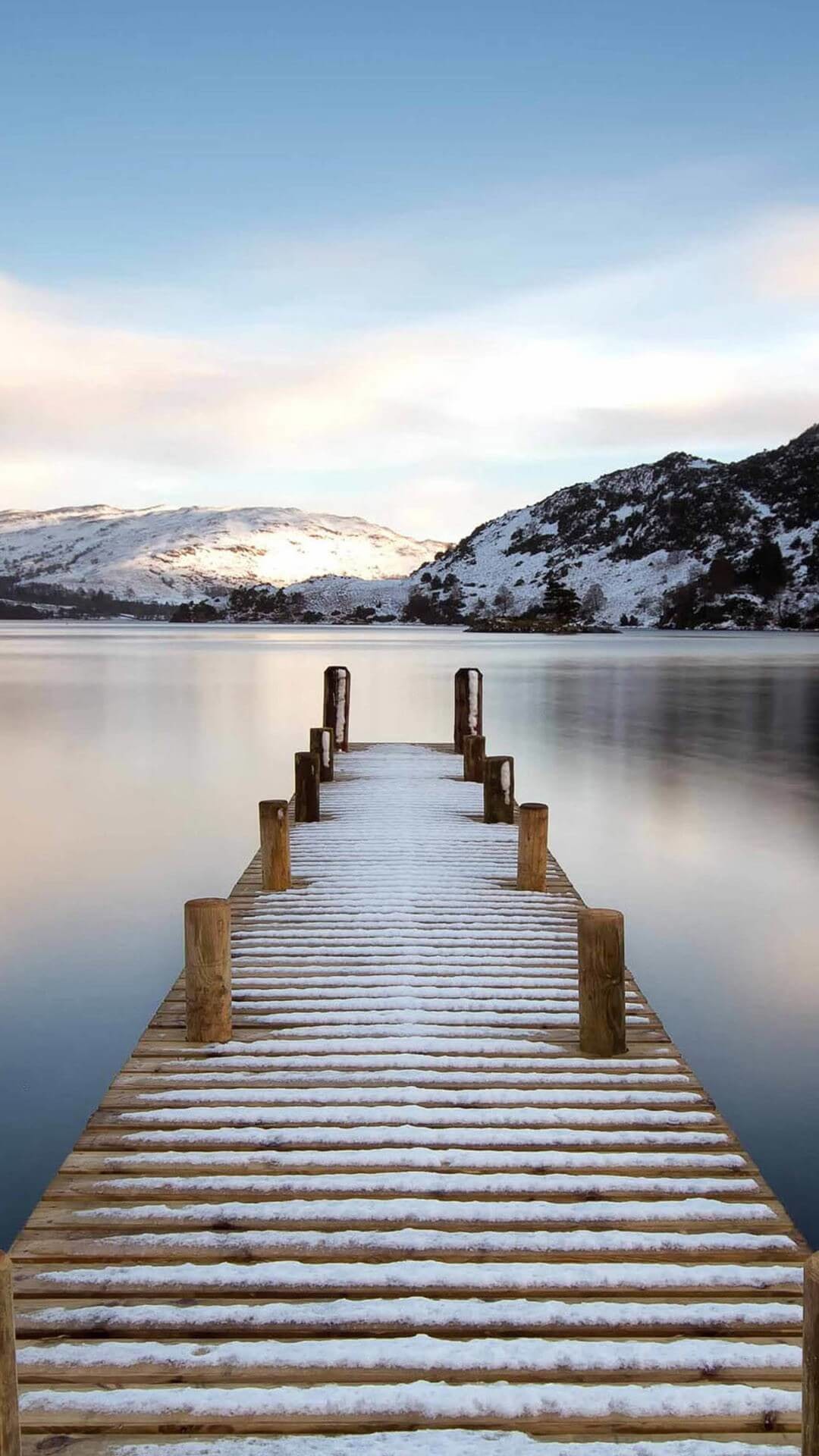 Pontile, Lago, Montagne innevate, immagine di sfondo iPhone 6