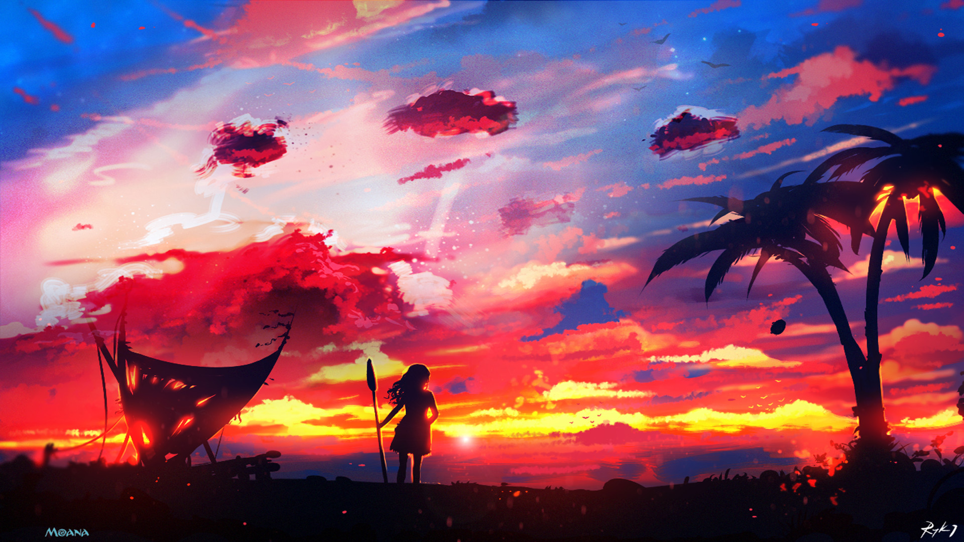 Oceania, Vaiana, Tramonto, Palme, Cielo rosso, Disney, 16:9 Full HD, wallpaper widescreen