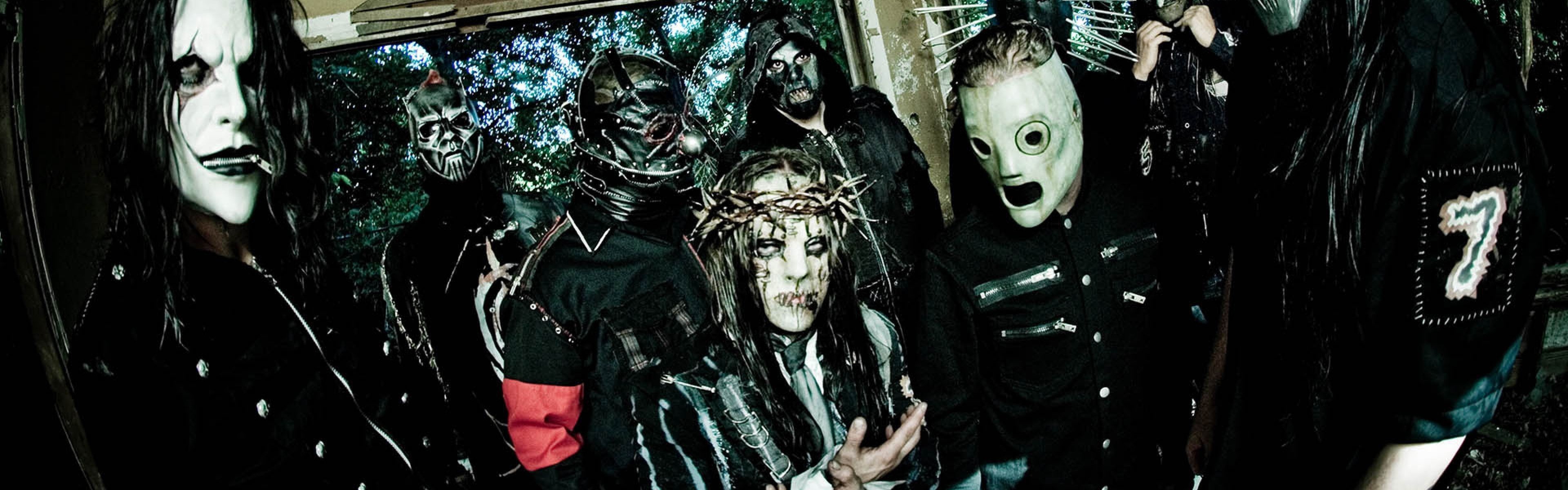 Slipknot, Foto di gruppo, Maschere, Panoramica, doppio schermo, sfondo Full HD