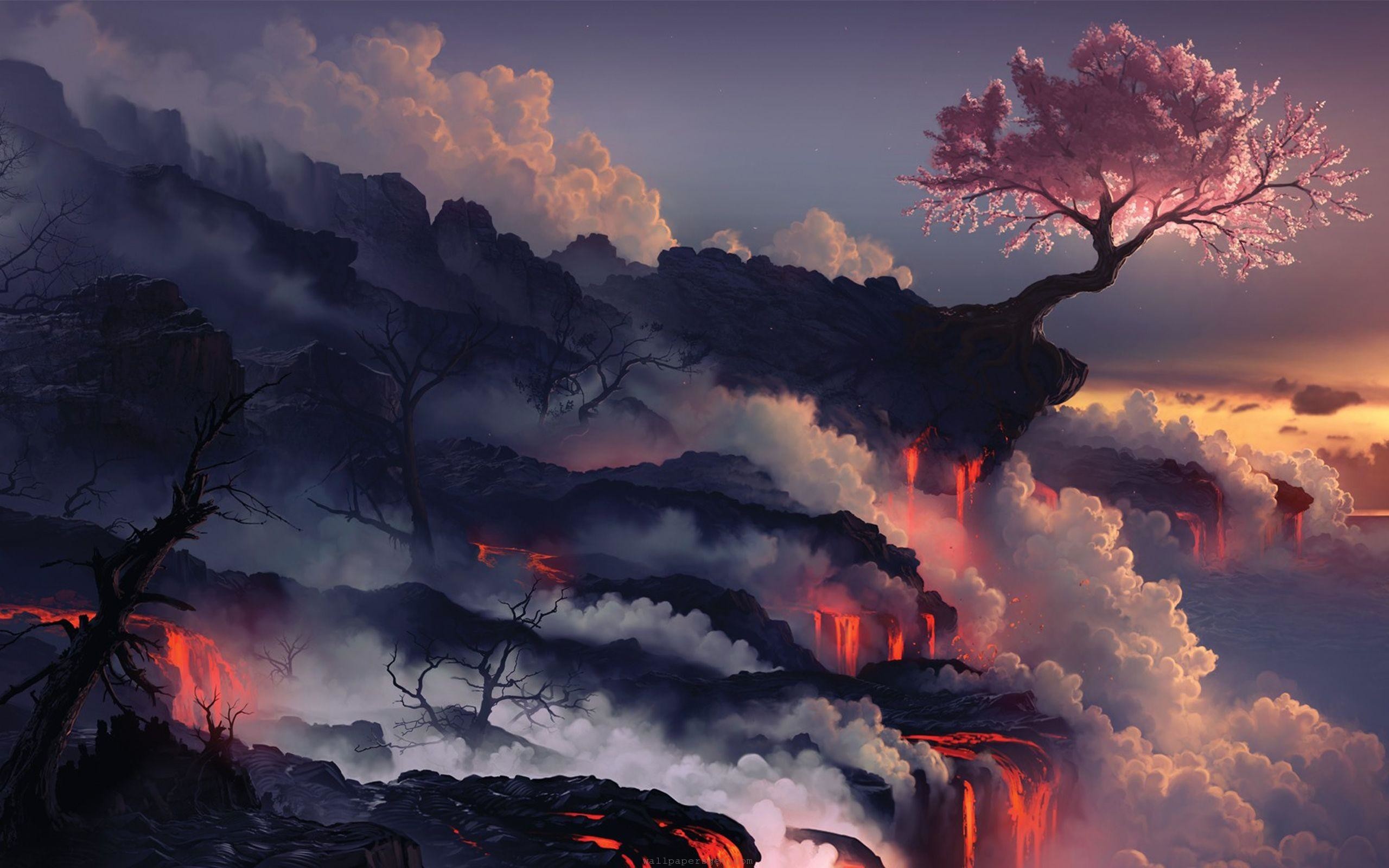 Ciliegio, Rupe, Nuvole, Lava, Arte digitale, 2K 1600p, sfondo desktop