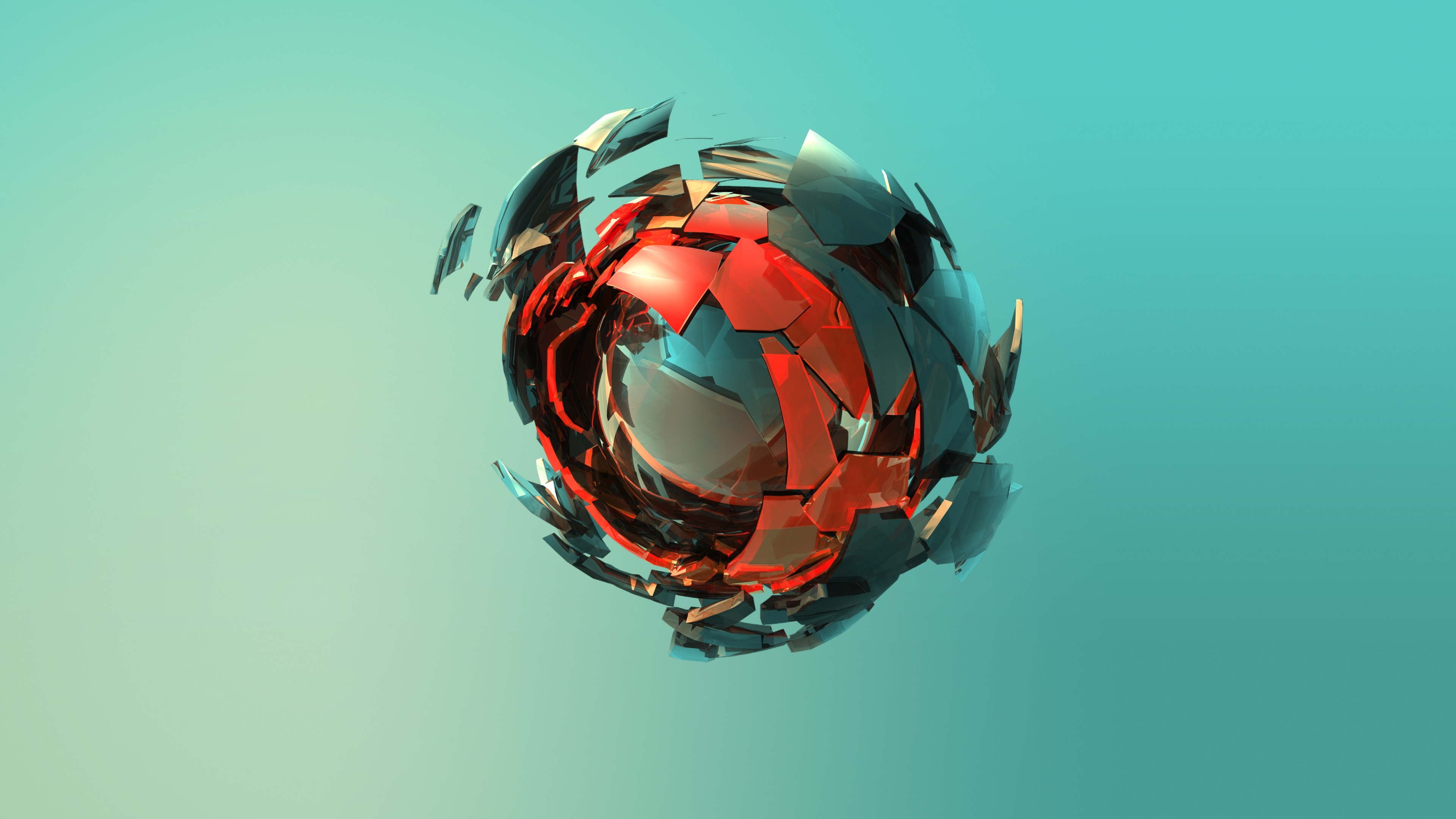 Astratto, Sfera frammentata, Rendering 3D, Verde acqua, Arancione, sfondo widescreen 4K