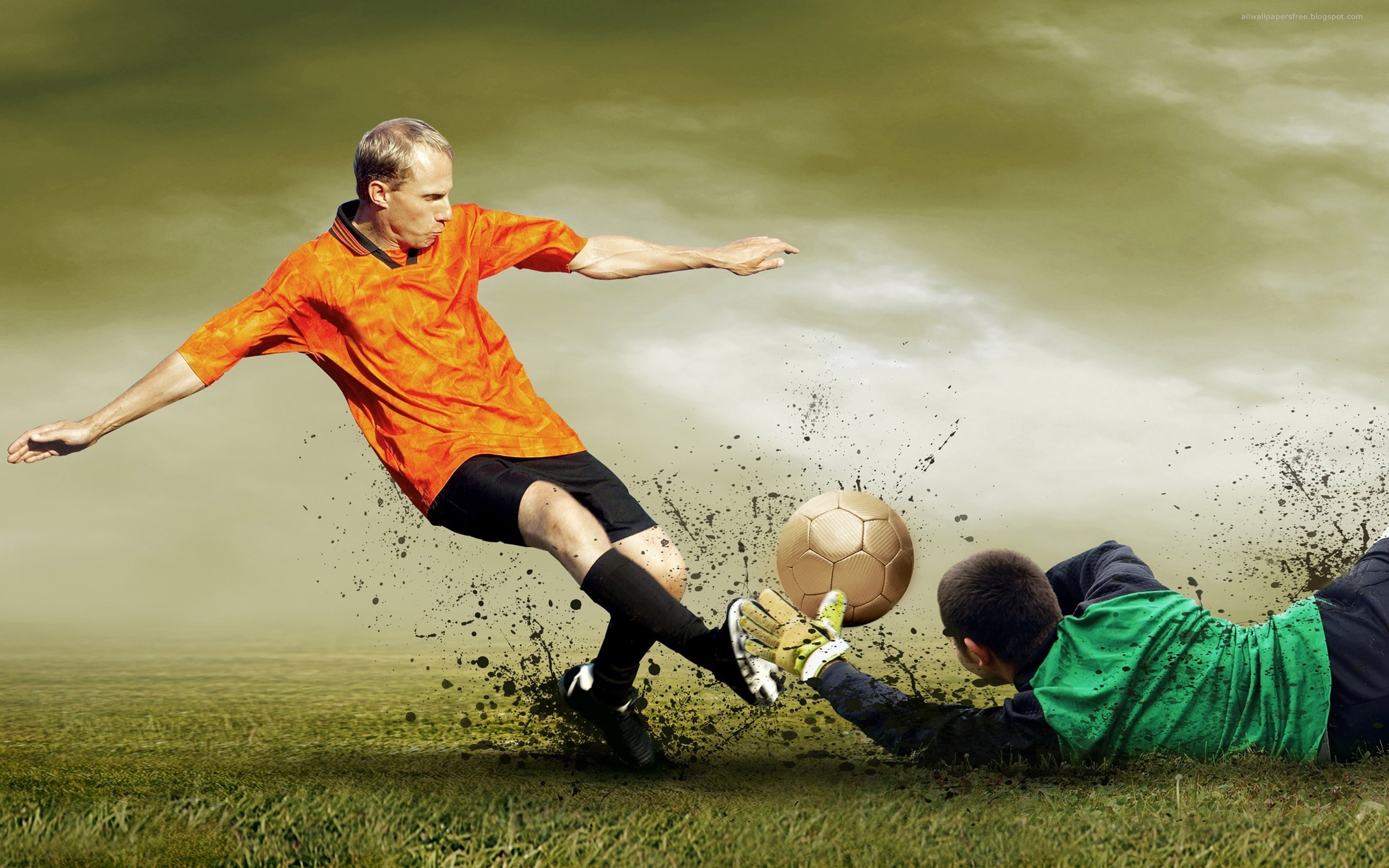 Calciatore, Portiere, Contrasto, Maglia arancione, Pallone, 2K, sfondo per portatile