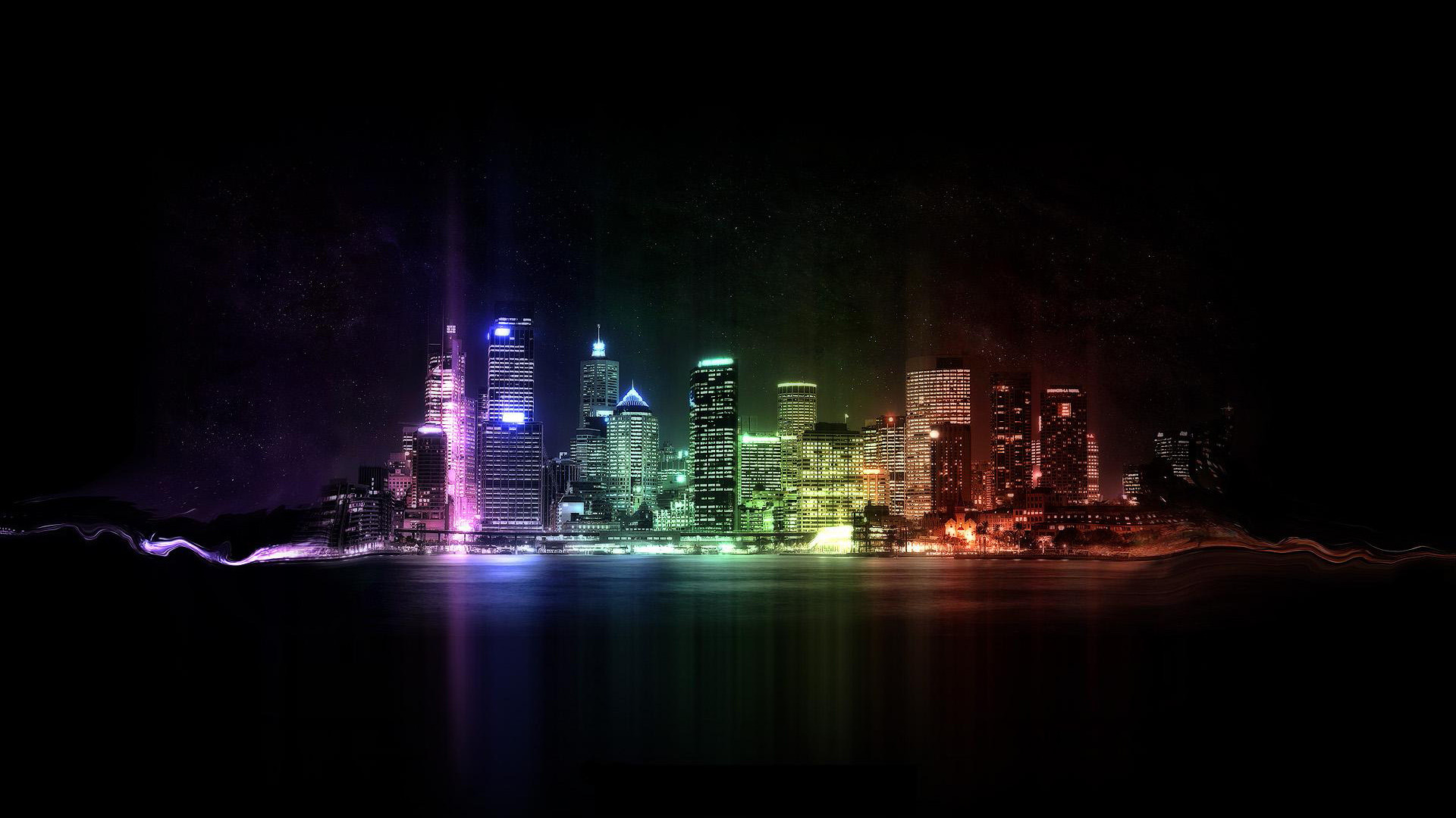 Skyline, Città di notte, Luci colorate, Riflesso, sfondo Full HD per desktop
