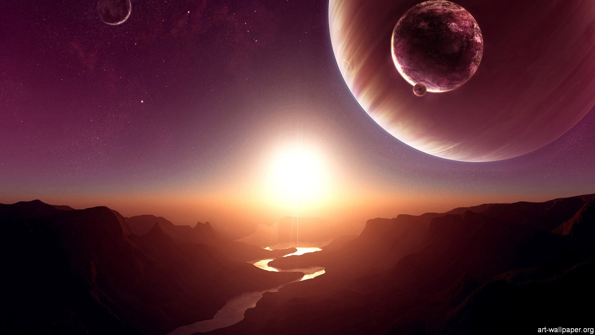 Pianeti, Tramonto, Canyon, Fiume, Paesaggio alieno, Full HD, sfondo per portatile