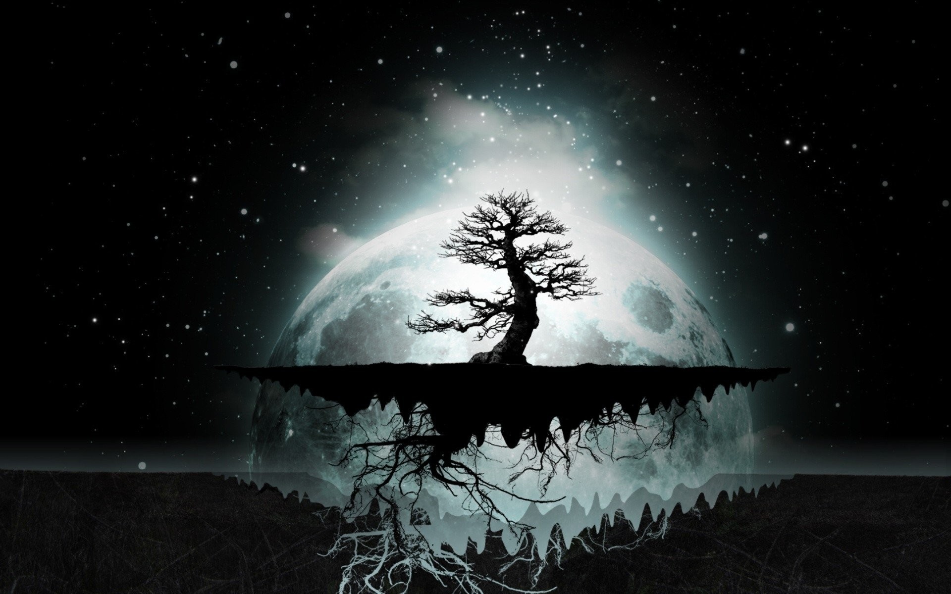 Albero, Luna piena, Isola fluttuante, Bianco e nero, Surreale, 1920x1200, immagine di sfondo
