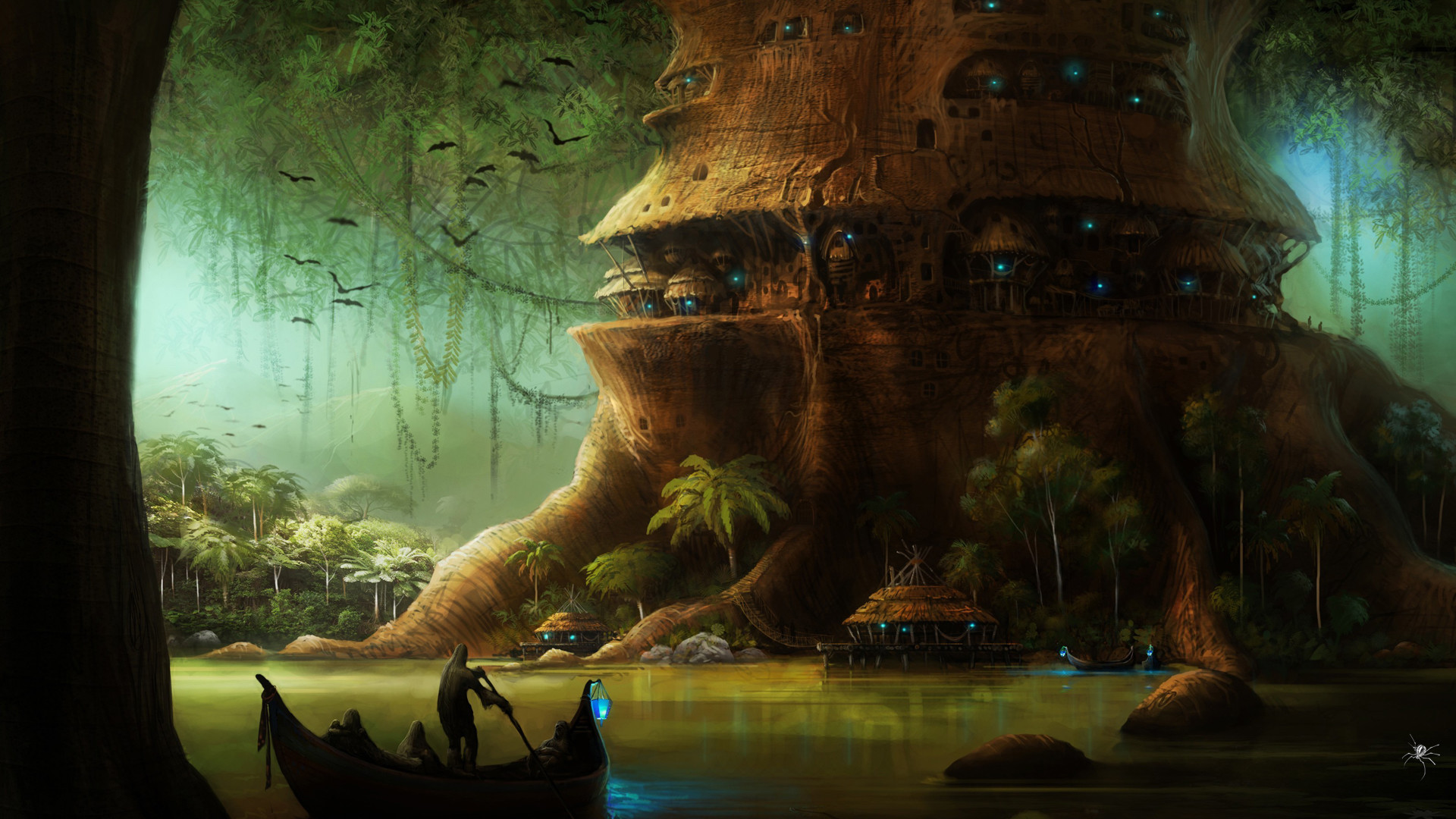 Casa nell'albero, Albero gigante, Barca, Palude, Fantasy, Verde, sfondo desktop 1920x1080