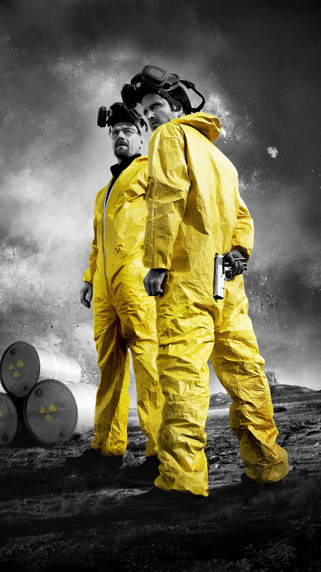 Walter White, Jesse Pinkman, Breaking Bad, Tuta gialla, Deserto, Cielo nuvoloso, wallpaper cellulare