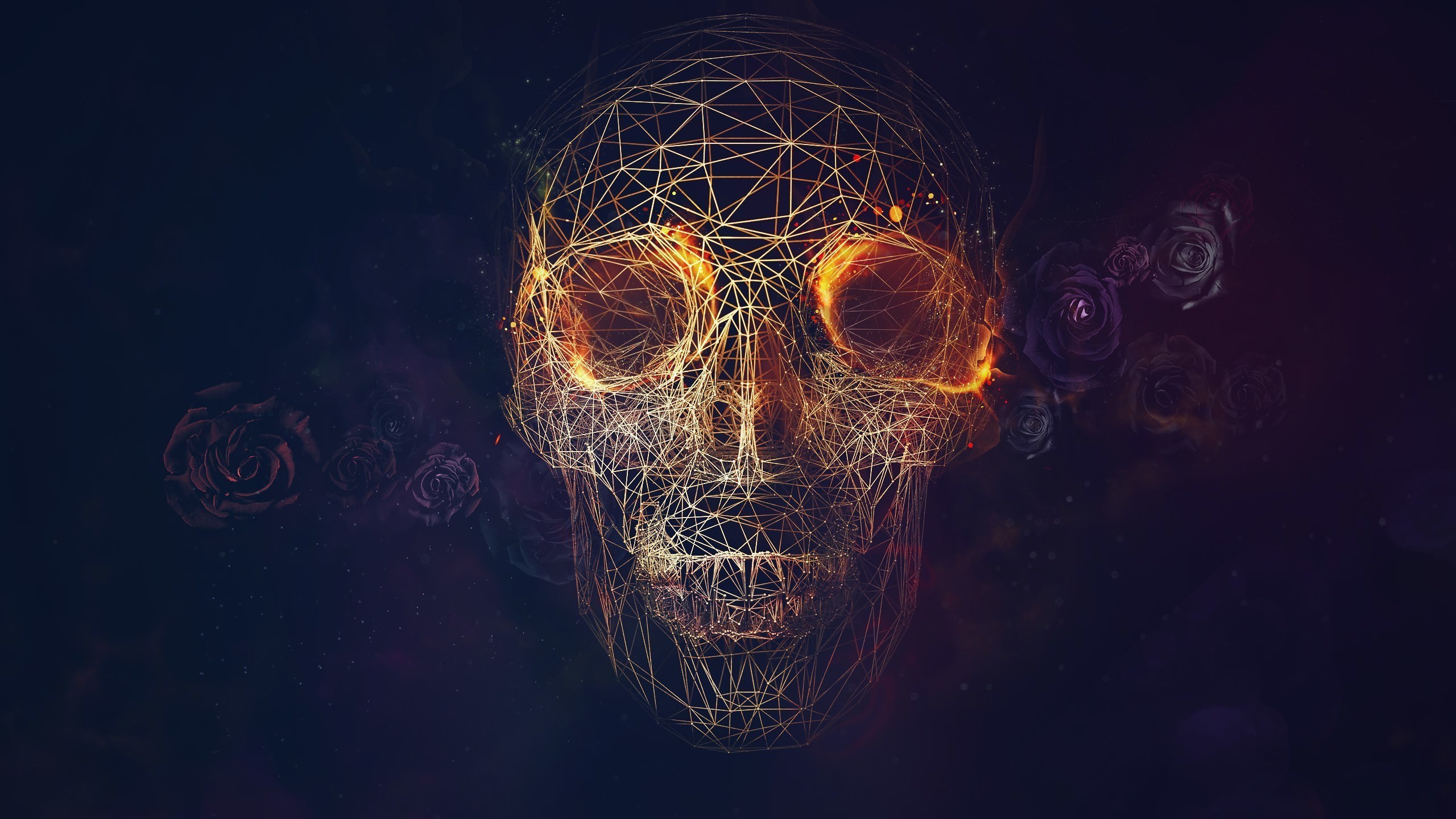 Teschio, Rete di linee, Fuoco, Rose, Sfondo scuro, 2560x1440, wallpaper desktop