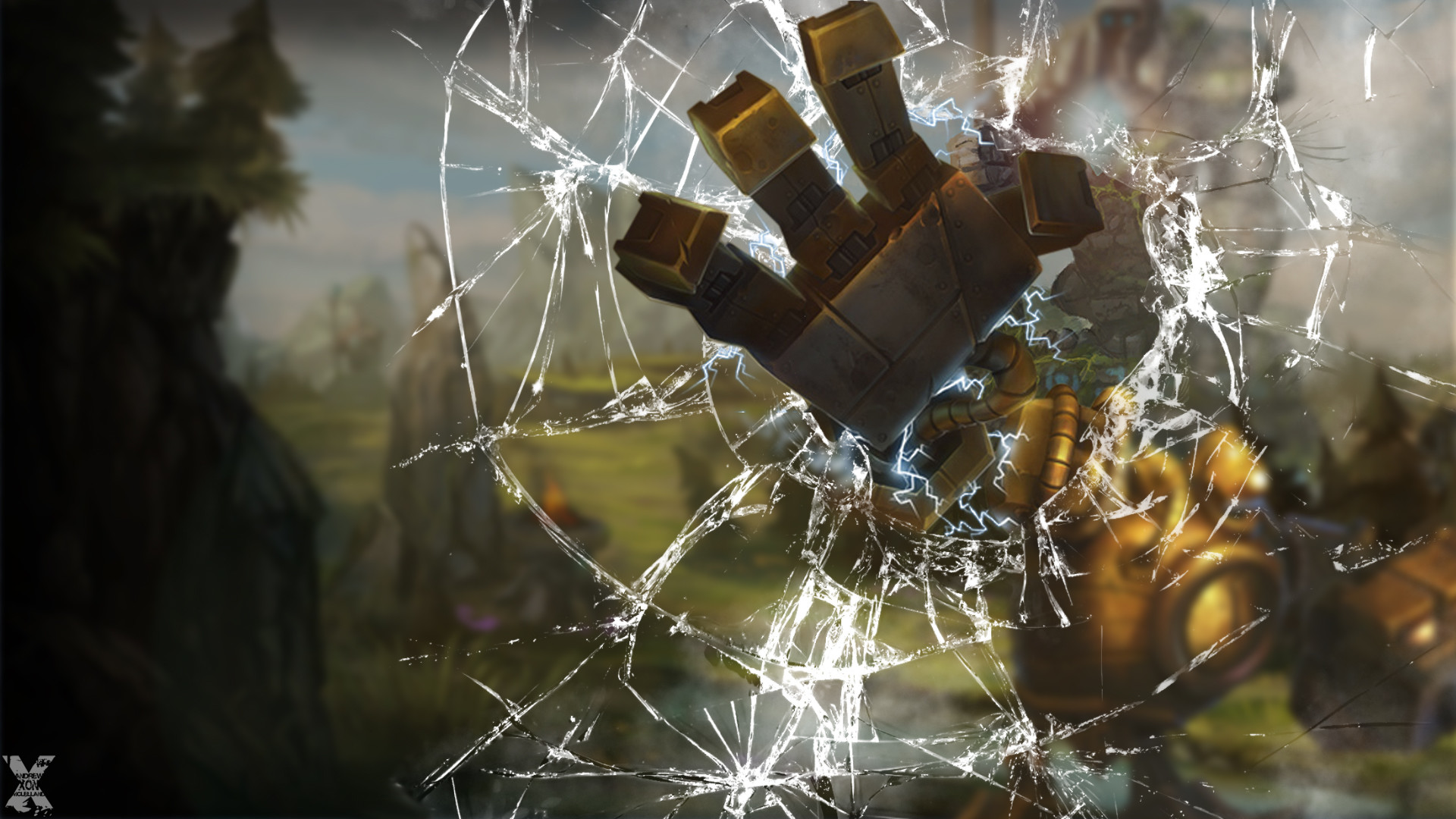 Blitzcrank, League of Legends, Vetro rotto, Pugno, 16:9 Full HD, sfondo widescreen