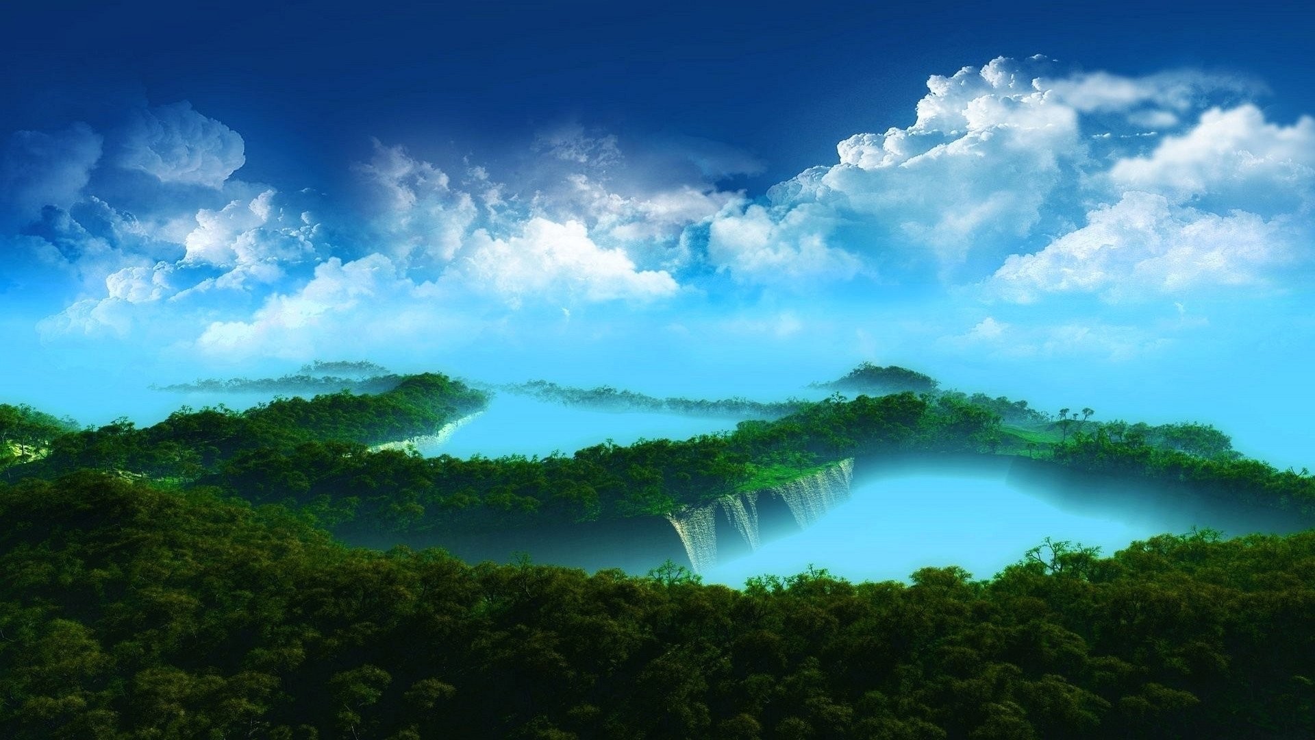 Lago tra le colline, Cascata, Foresta, Nuvole, Paesaggio fantasy, sfondo Full HD per PC