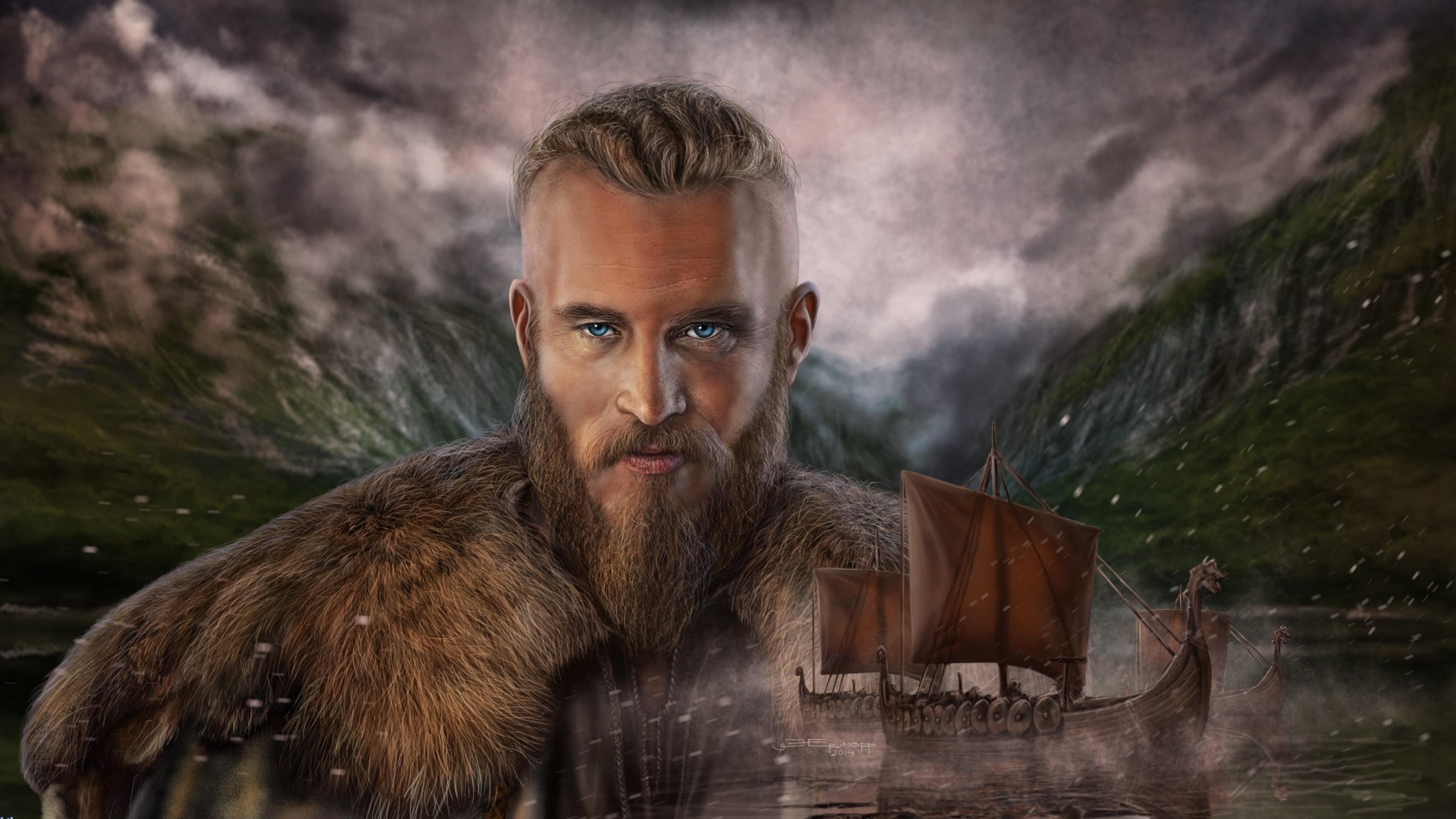Ragnar Lothbrok, Travis Fimmel, Vikings, Drakkar, Fan art, 3840x2160, immagine di sfondo