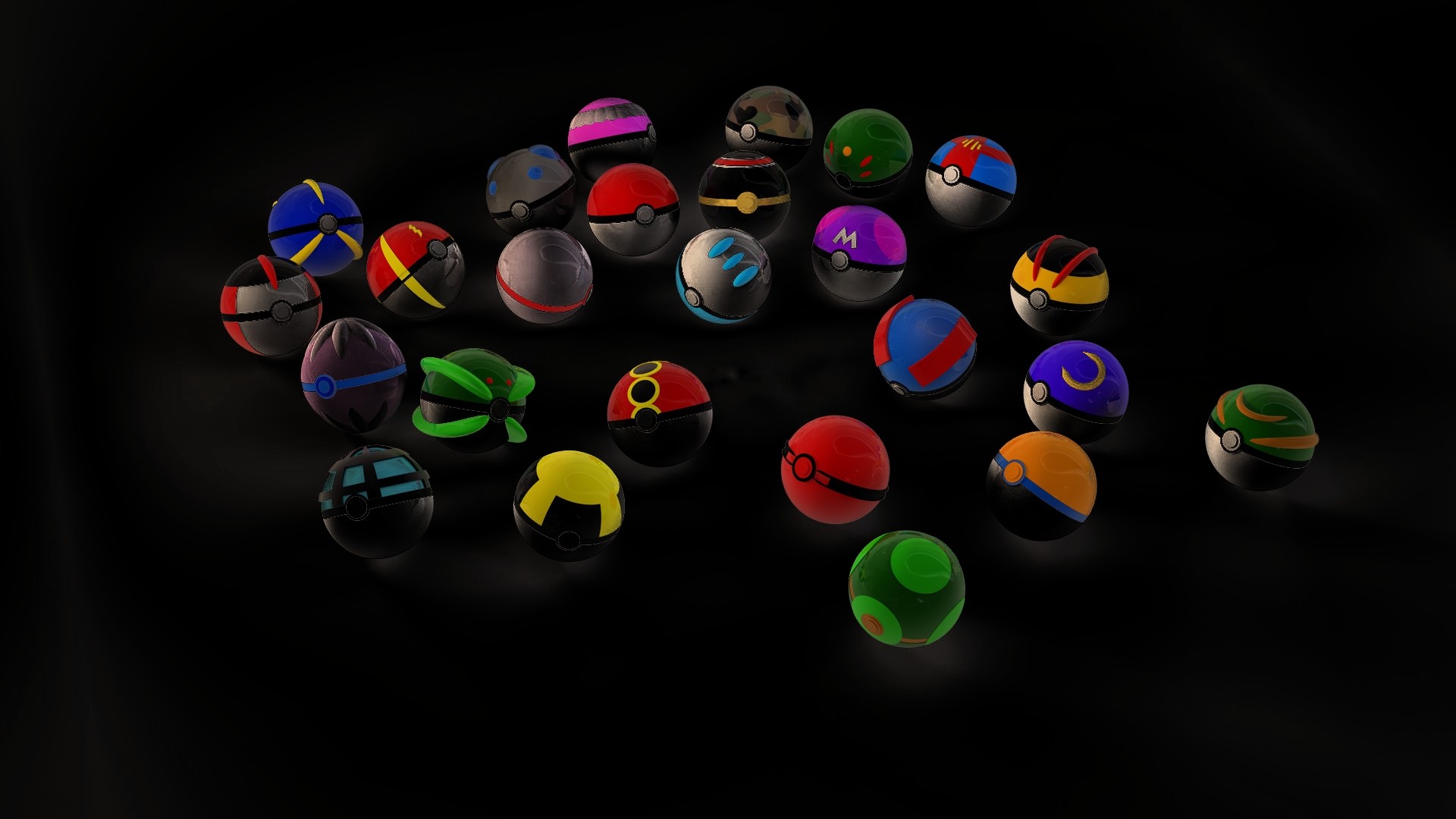 Poké Ball, Pokémon, Collezione, Sfondo nero, Full HD, wallpaper per computer