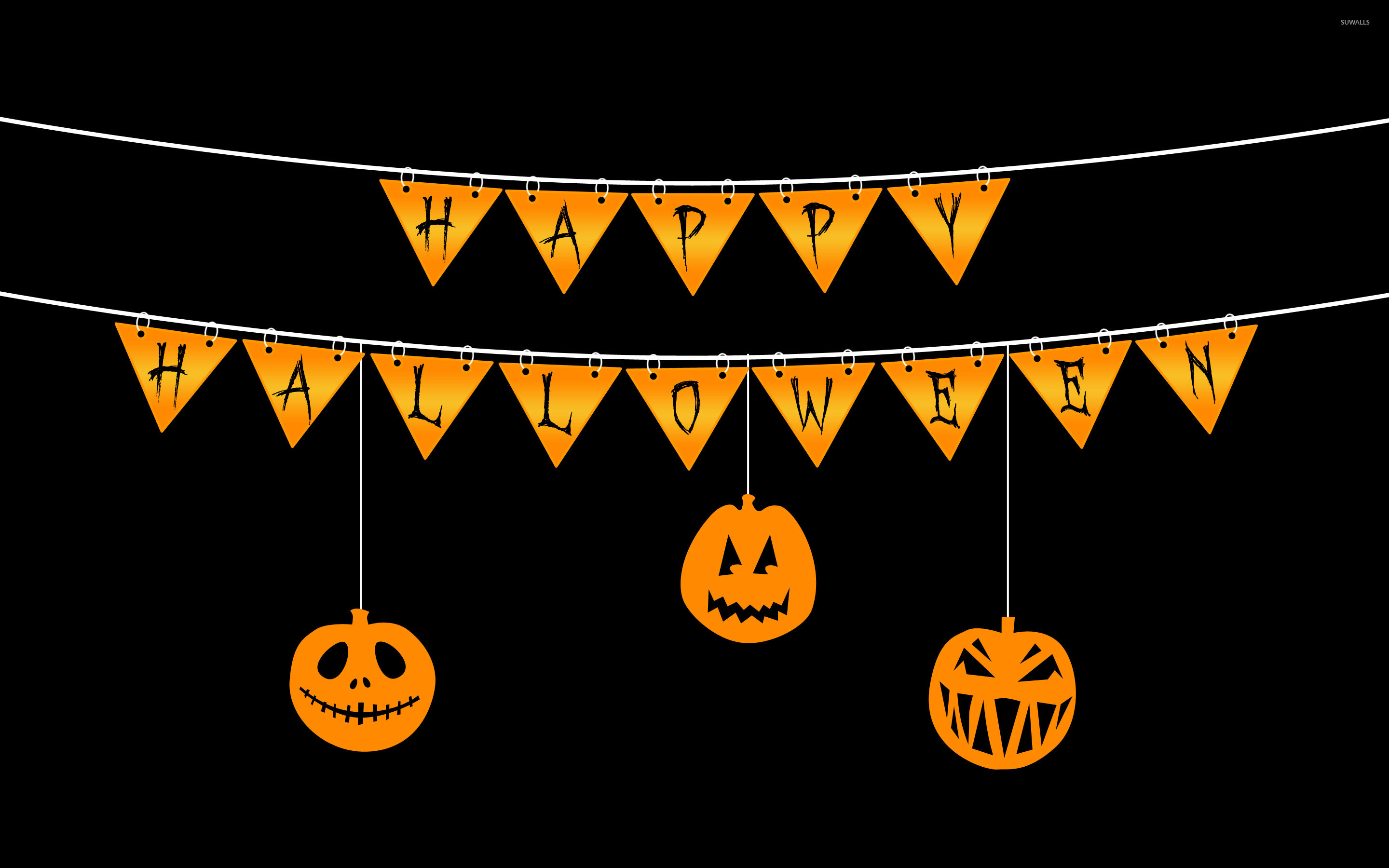 Happy Halloween, Festoni, Zucche, Sfondo nero, 2K, wallpaper per computer