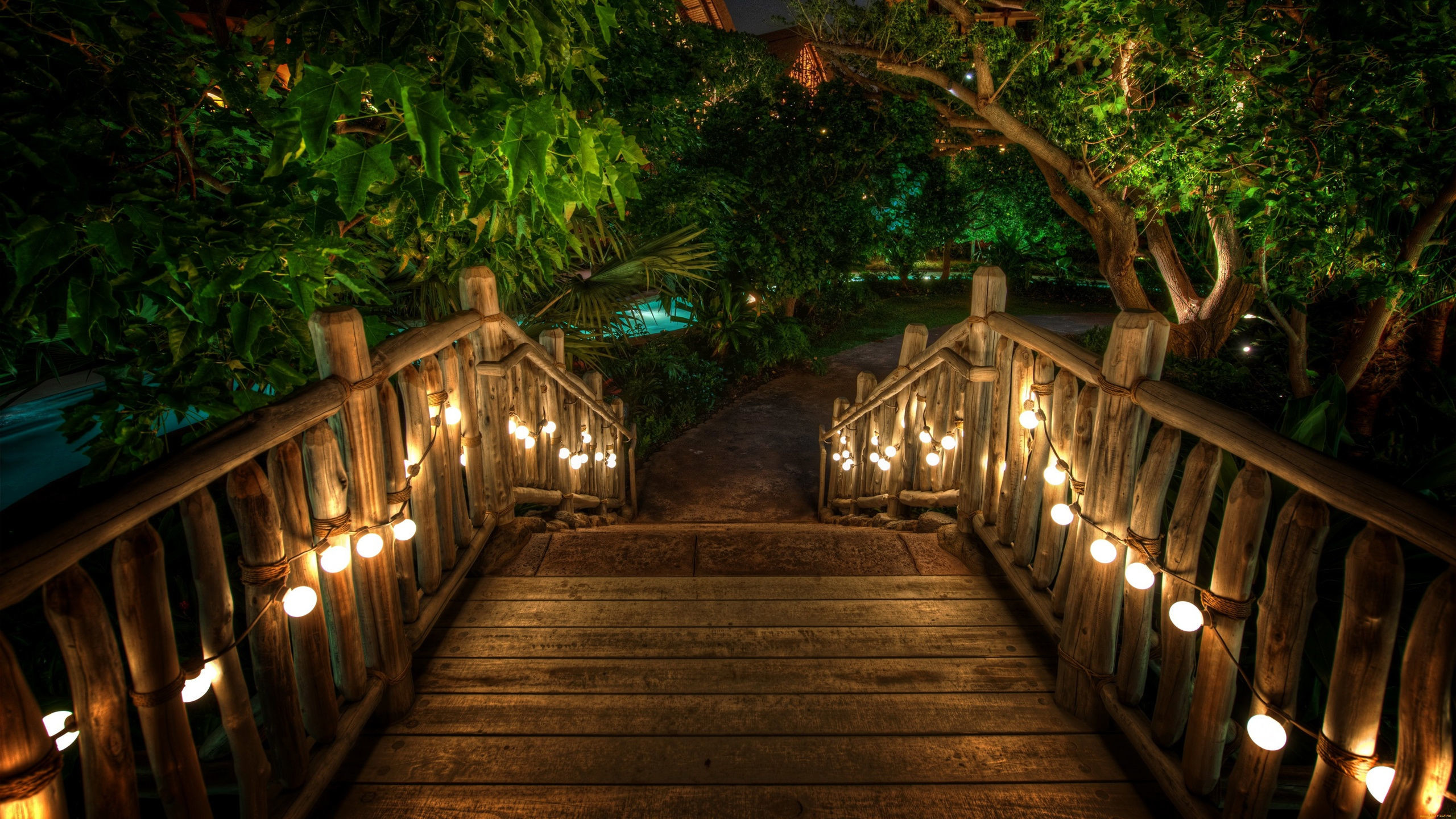 Ponte di legno, Lucine, Notte, Giardino, 2K, sfondo per il tuo desktop