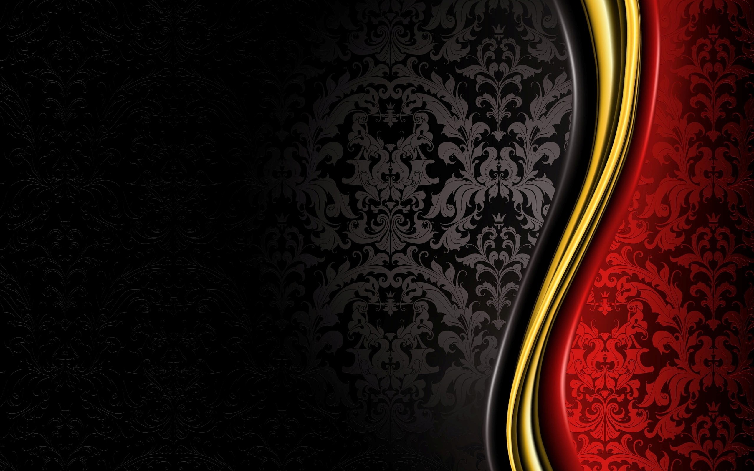Damascato, Nero e rosso, Onda dorata, 2K, sfondo desktop