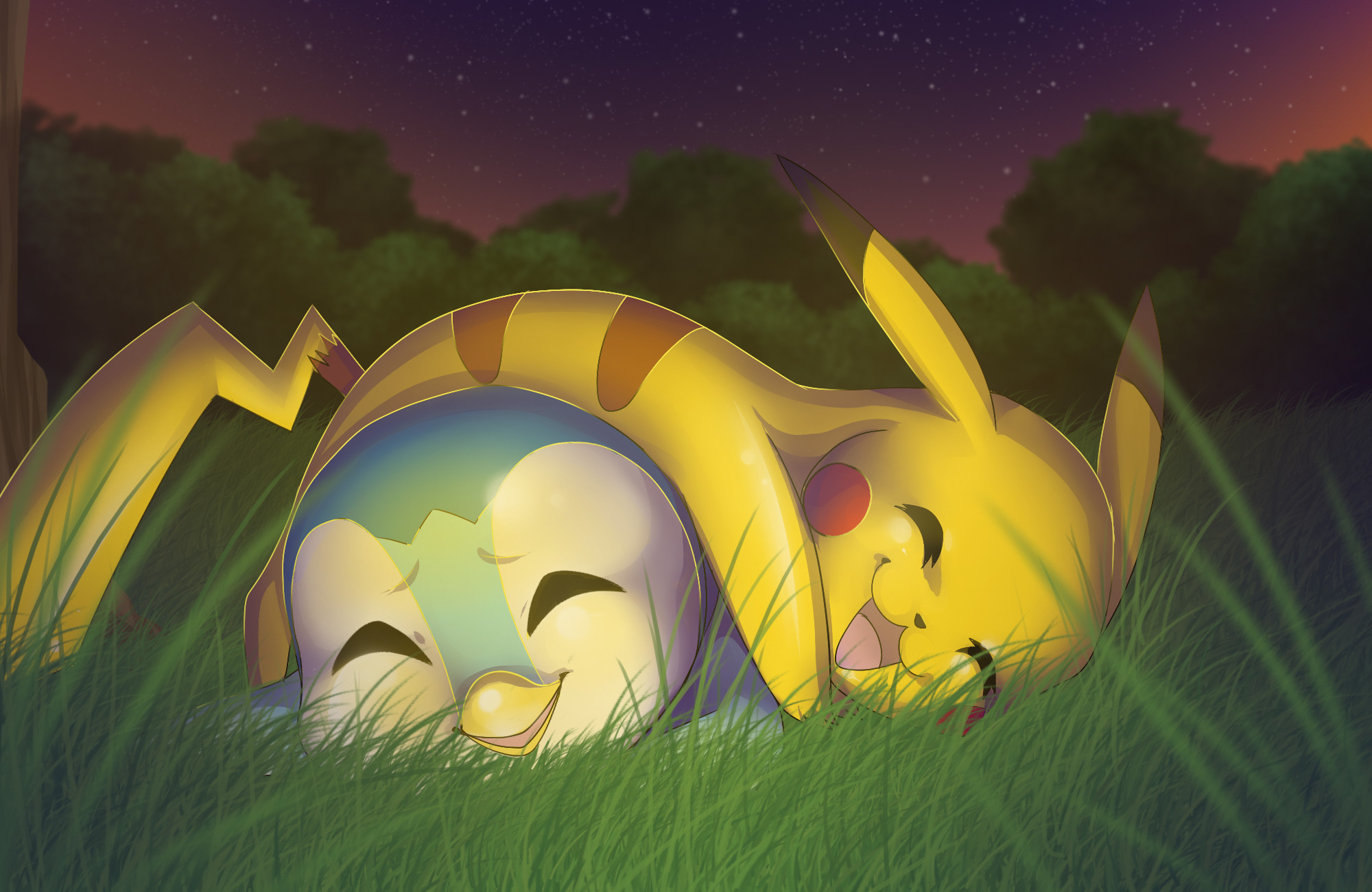 Pikachu, Pokémon, Erba, Notte, Full HD, sfondo desktop